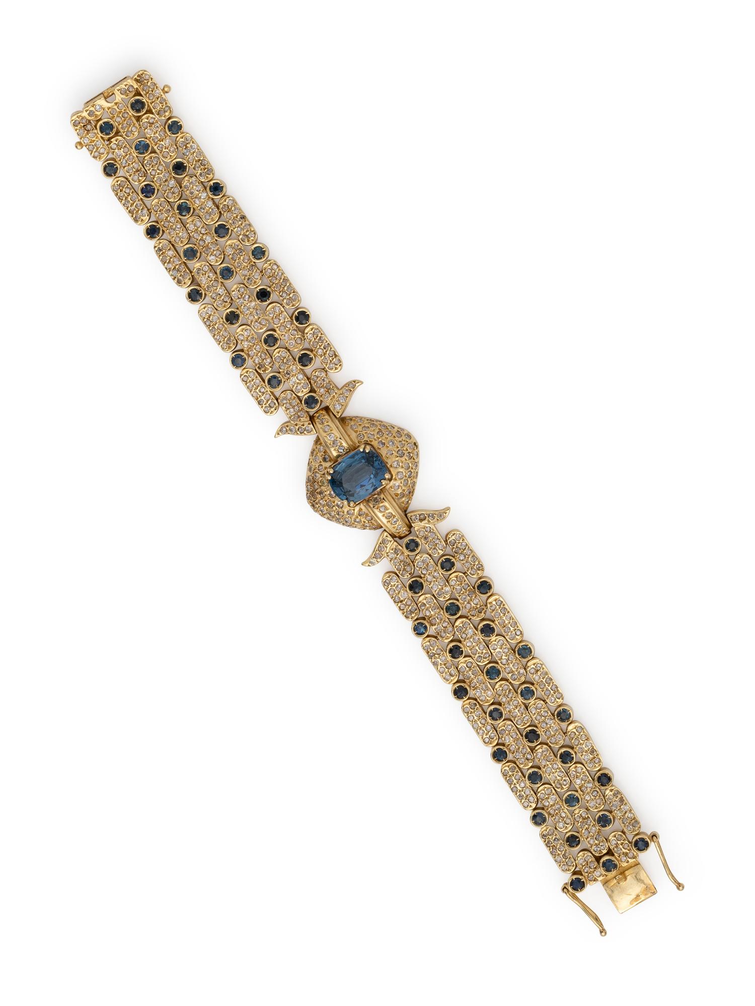 YELLOW GOLD, SYNTHETIC SAPPHIRE, SAPPHIRE AND DIAMOND BRACELET