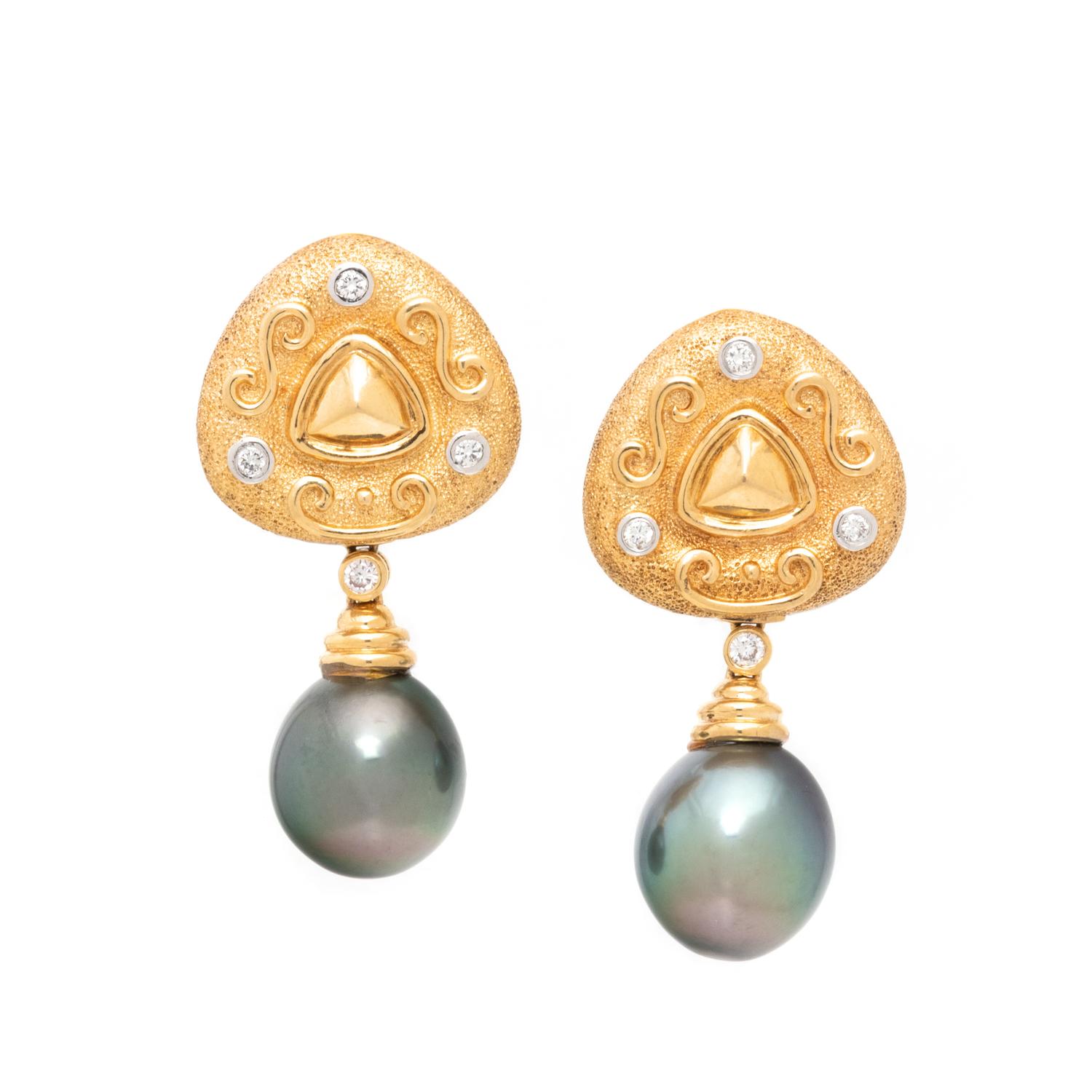 GRAY CULTURED PEARL AND DIAMOND EARRINGS