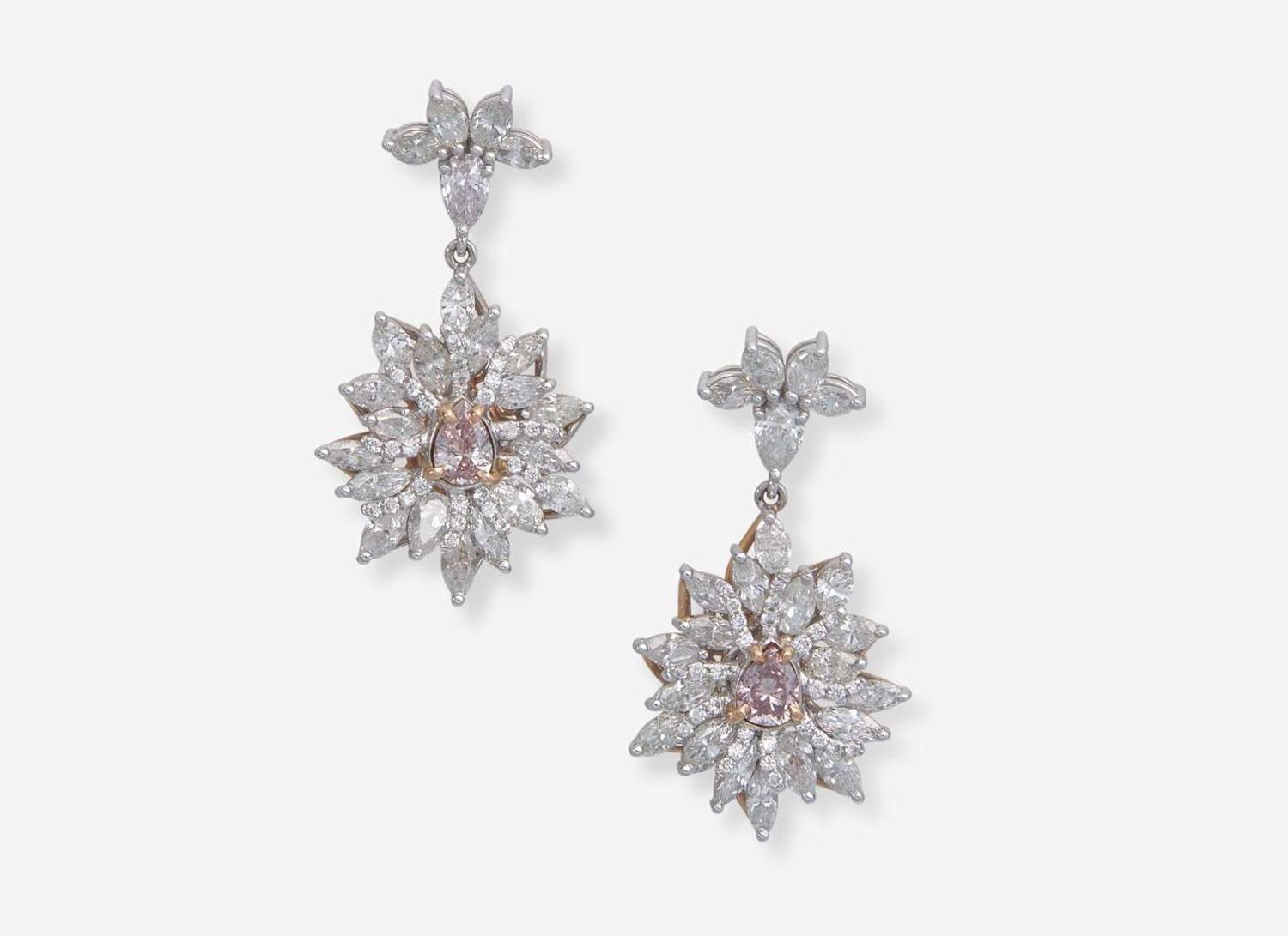 A Pair of 18K White and Rose Gold Drop Earrings with Pink and Near Colorless Diamonds
