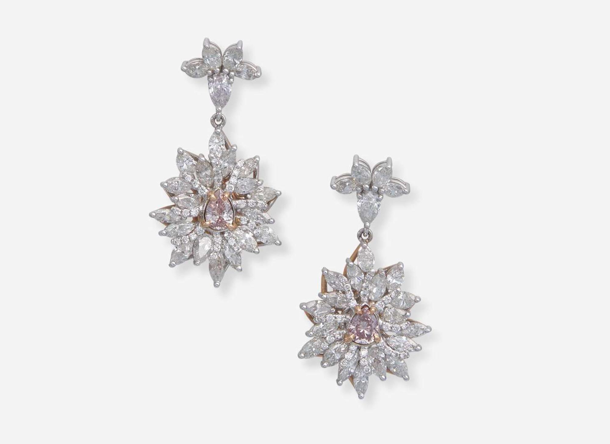 A Pair of 18K White and Rose Gold Drop Earrings with Pink and Near Colorless Diamonds