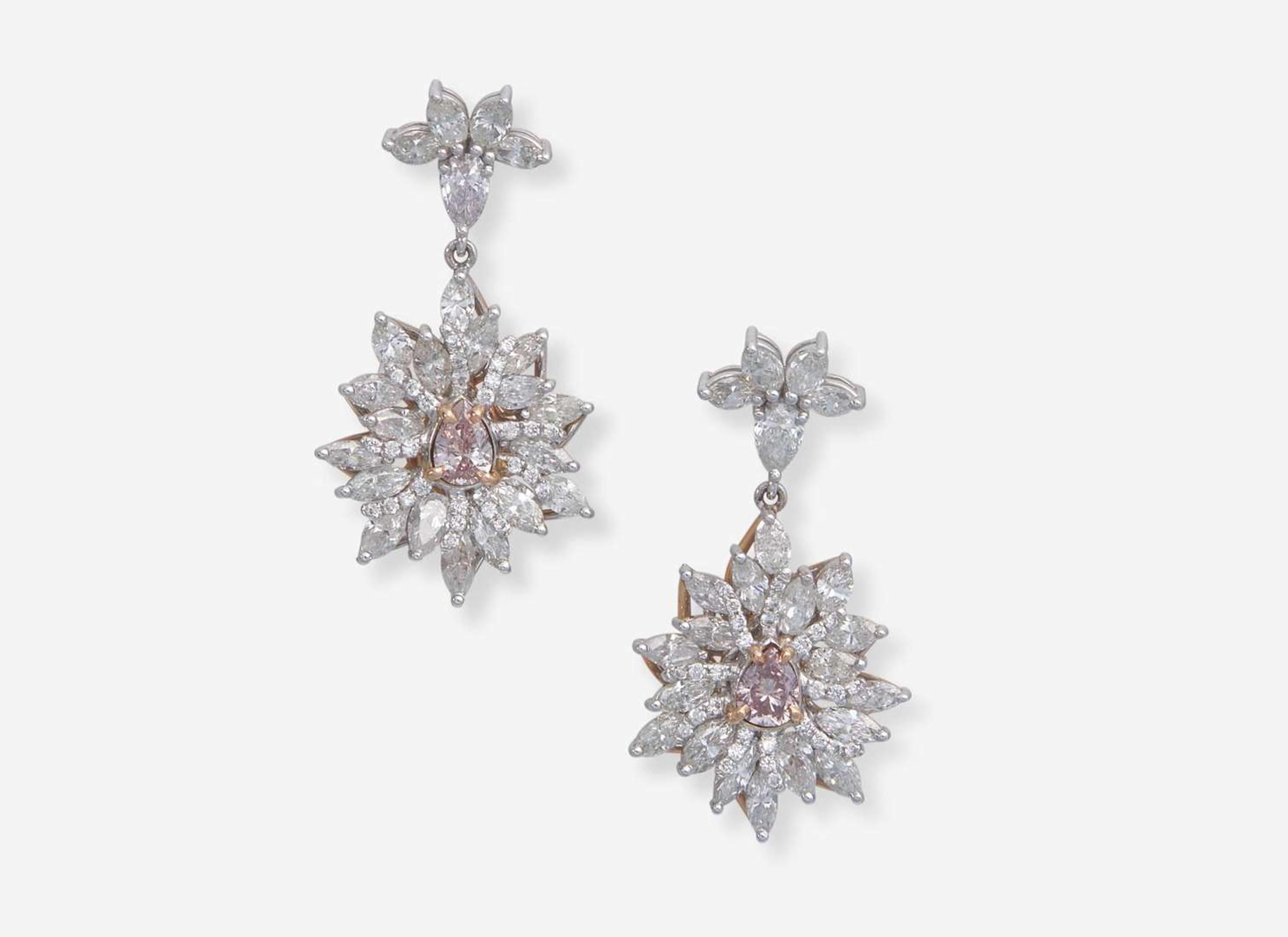 A Pair of 18K White and Rose Gold Drop Earrings with Pink and Near Colorless Diamonds