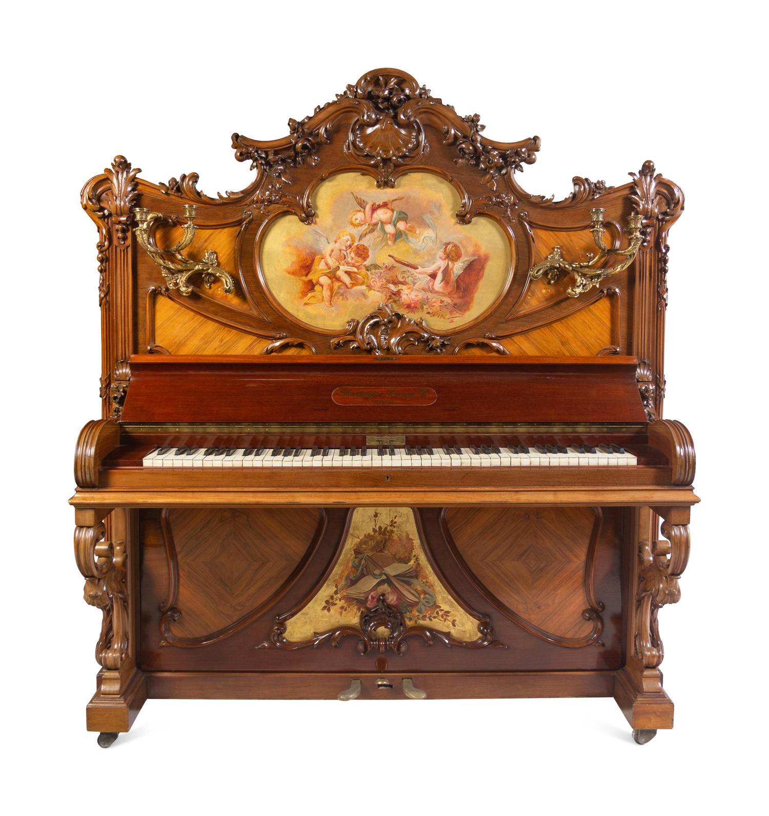 A Louis XV Style Gilt Bronze Mounted Carved Walnut, Kingwood and Vernis Martin Upright Piano