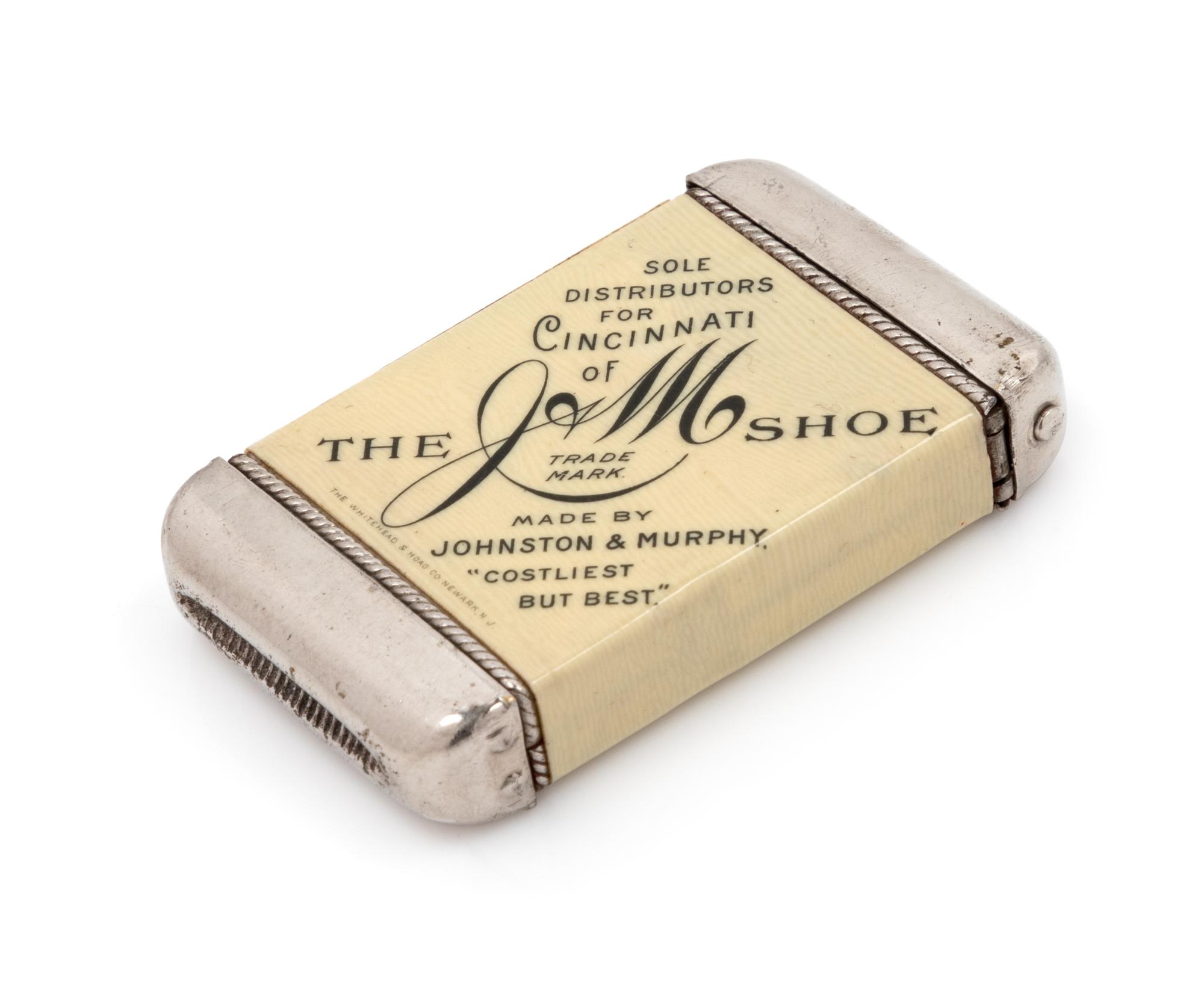 An American Johnson & Murphy Shoes Celluloid and Mixed Metal Advertisement Match Safe Height 2 1/2 inches. — LATE 19TH/EARLY 20TH CENTURY