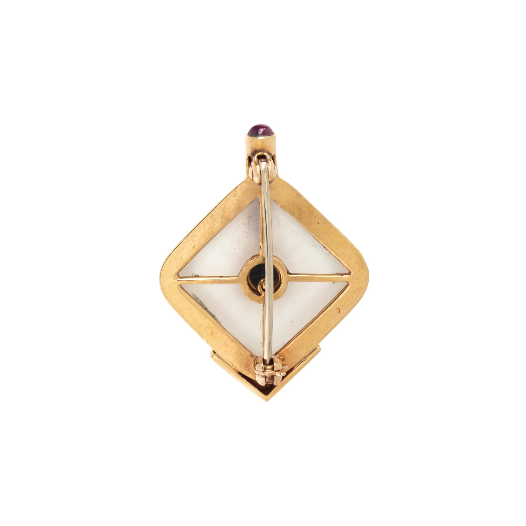CARVED ROCK CRYSTAL, MULTIGEM AND DIAMOND PENDANT/BROOCH