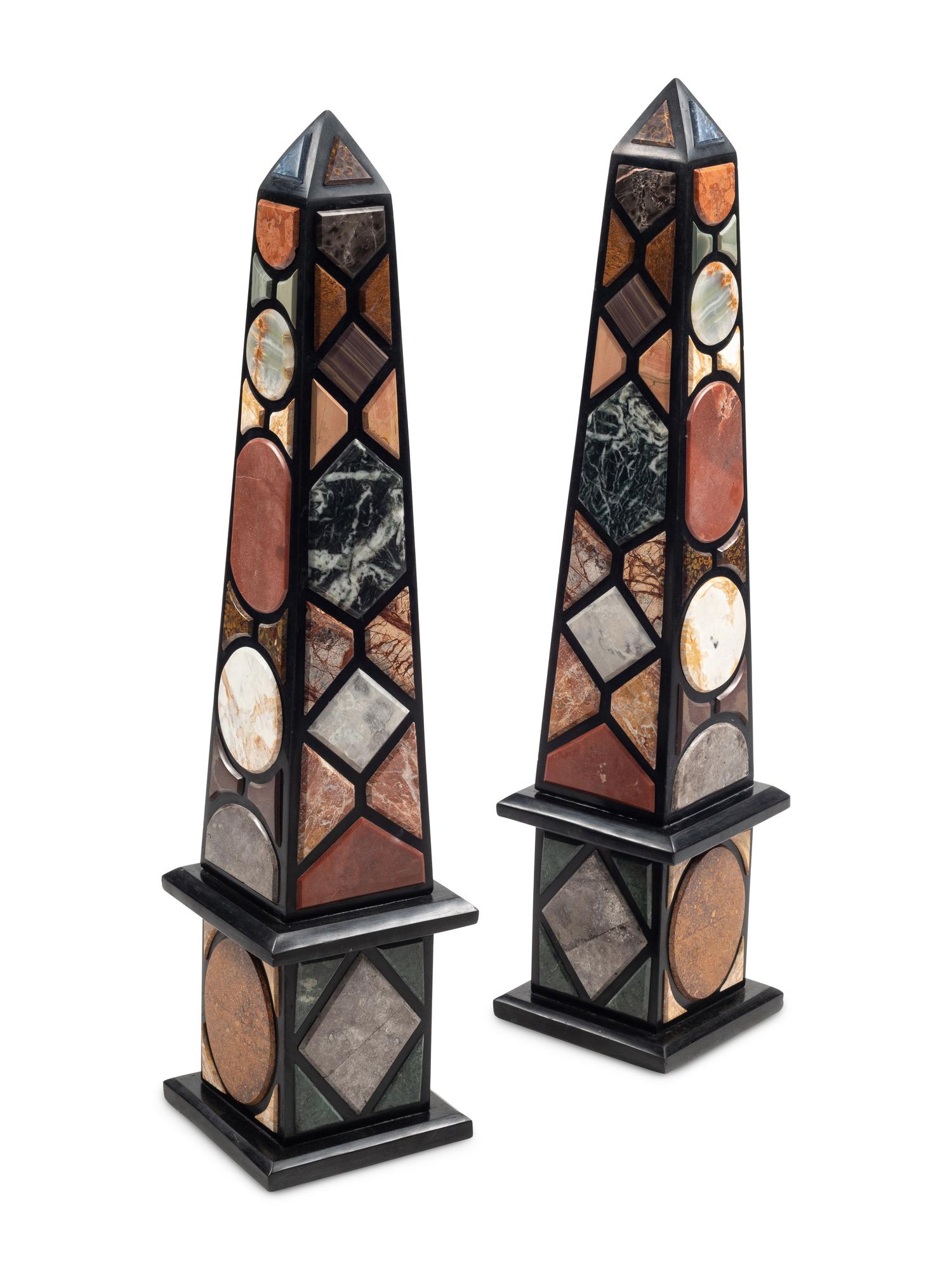 A Pair of Large Grand Tour Style Specimen Marble Obelisks