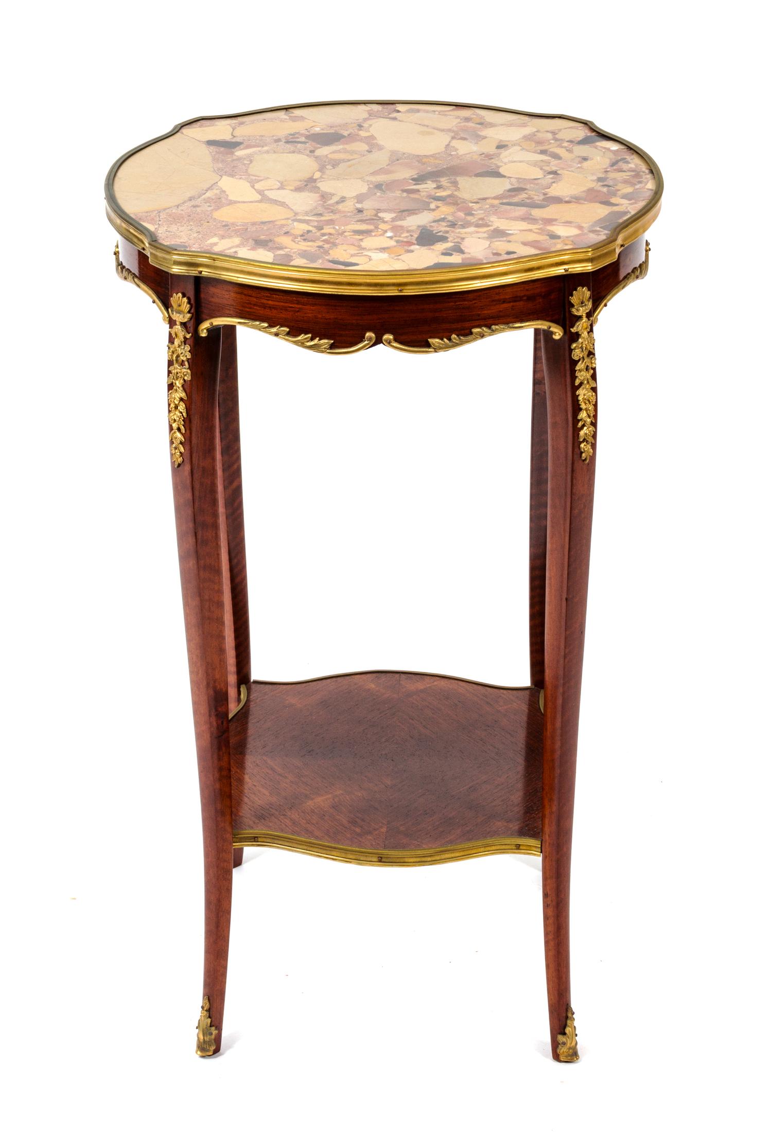 Two Similar Louis XV Style Gilt and Marble Top Gueridons Height 27 1/2 x diameter 17 inches. — LATE 19TH CENTURY