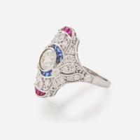 A Diamond, Sapphire, Ruby and 18K White Gold Ring