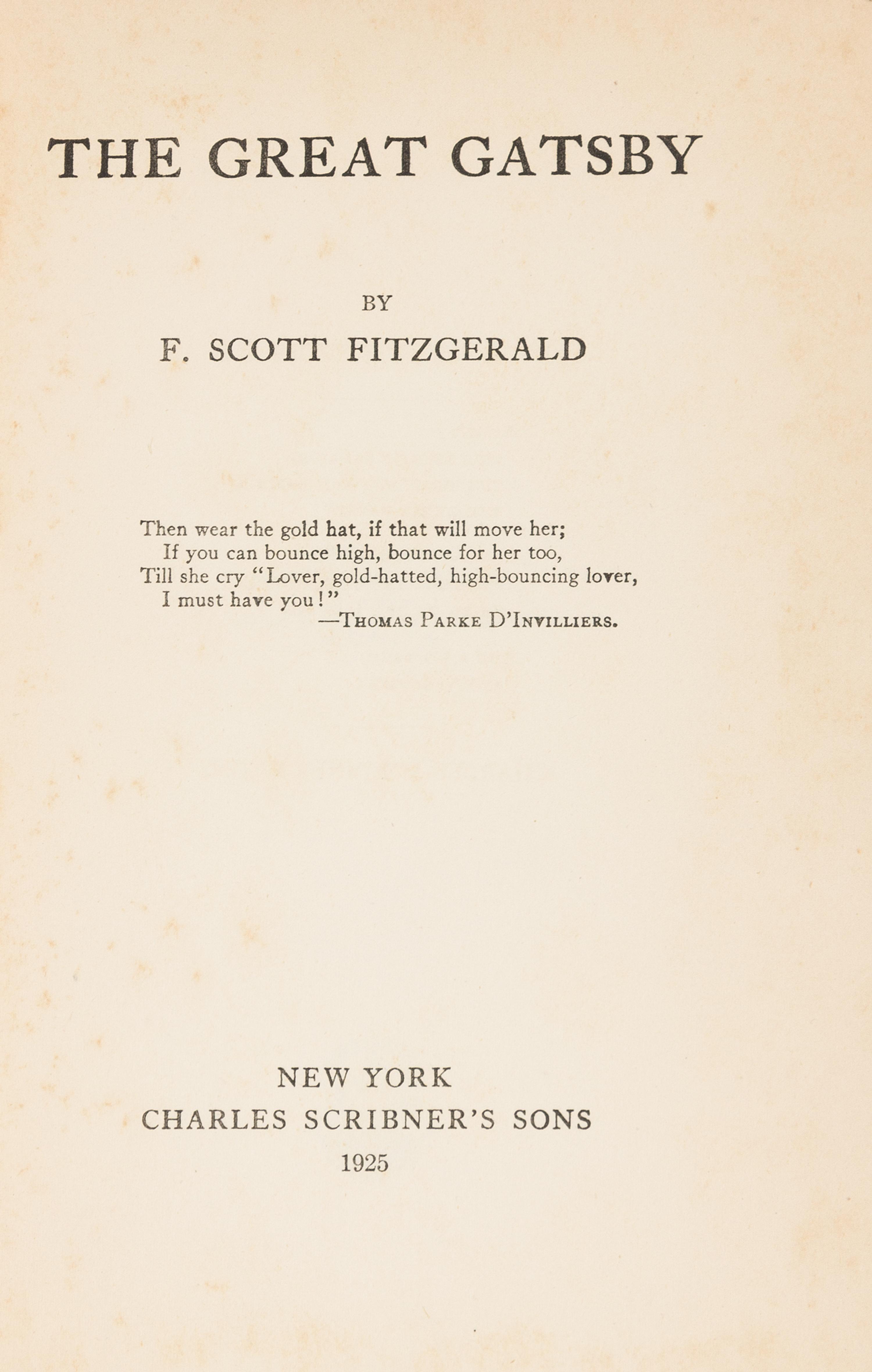 FITZGERALD, F. Scott (1896-1940). The Great Gatsby. New York: Charles Scribner's Sons, 1925. FIRST EDITION, FIRST PRINTING.