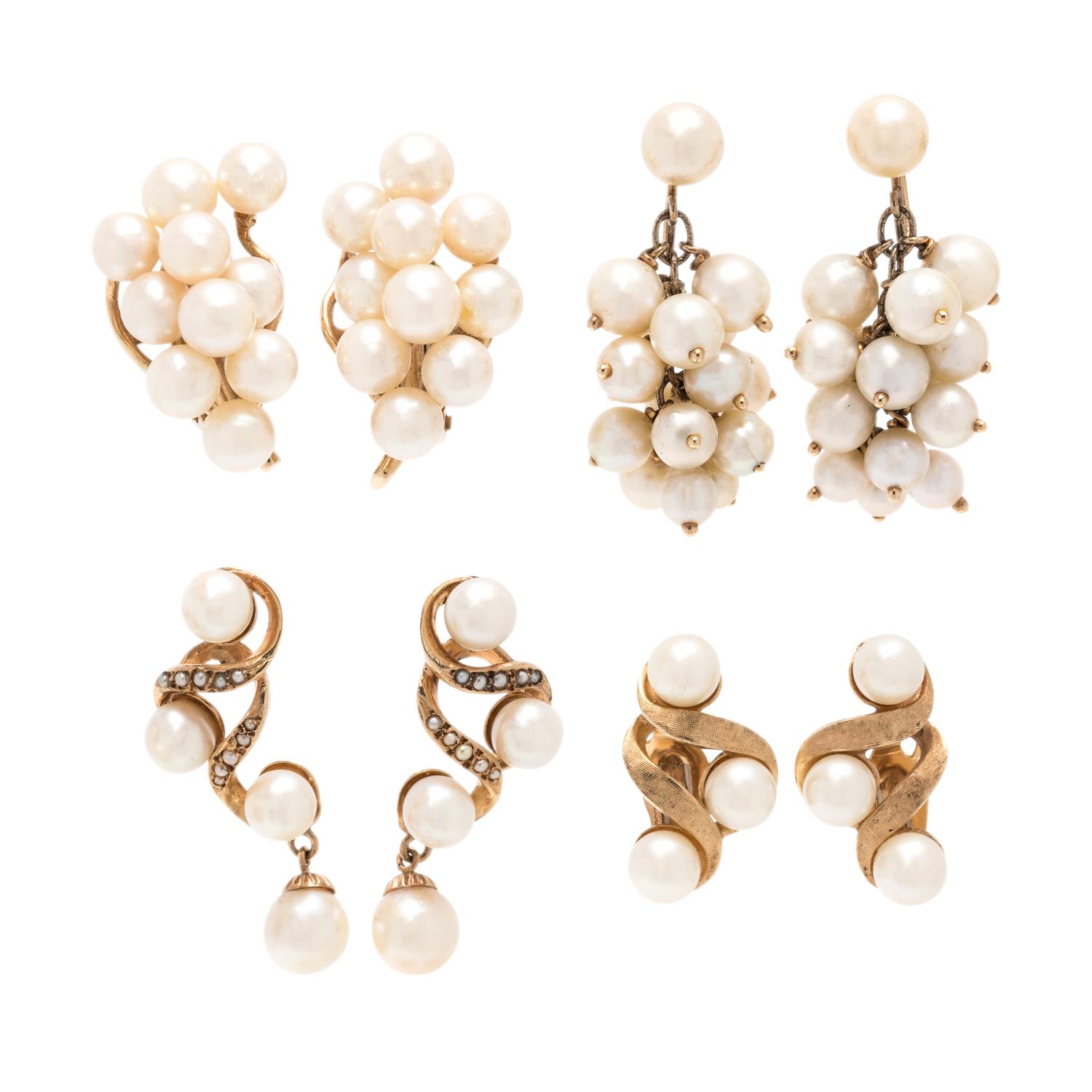 COLLECTION OF YELLOW GOLD AND CULTURED PEARL EARRINGS