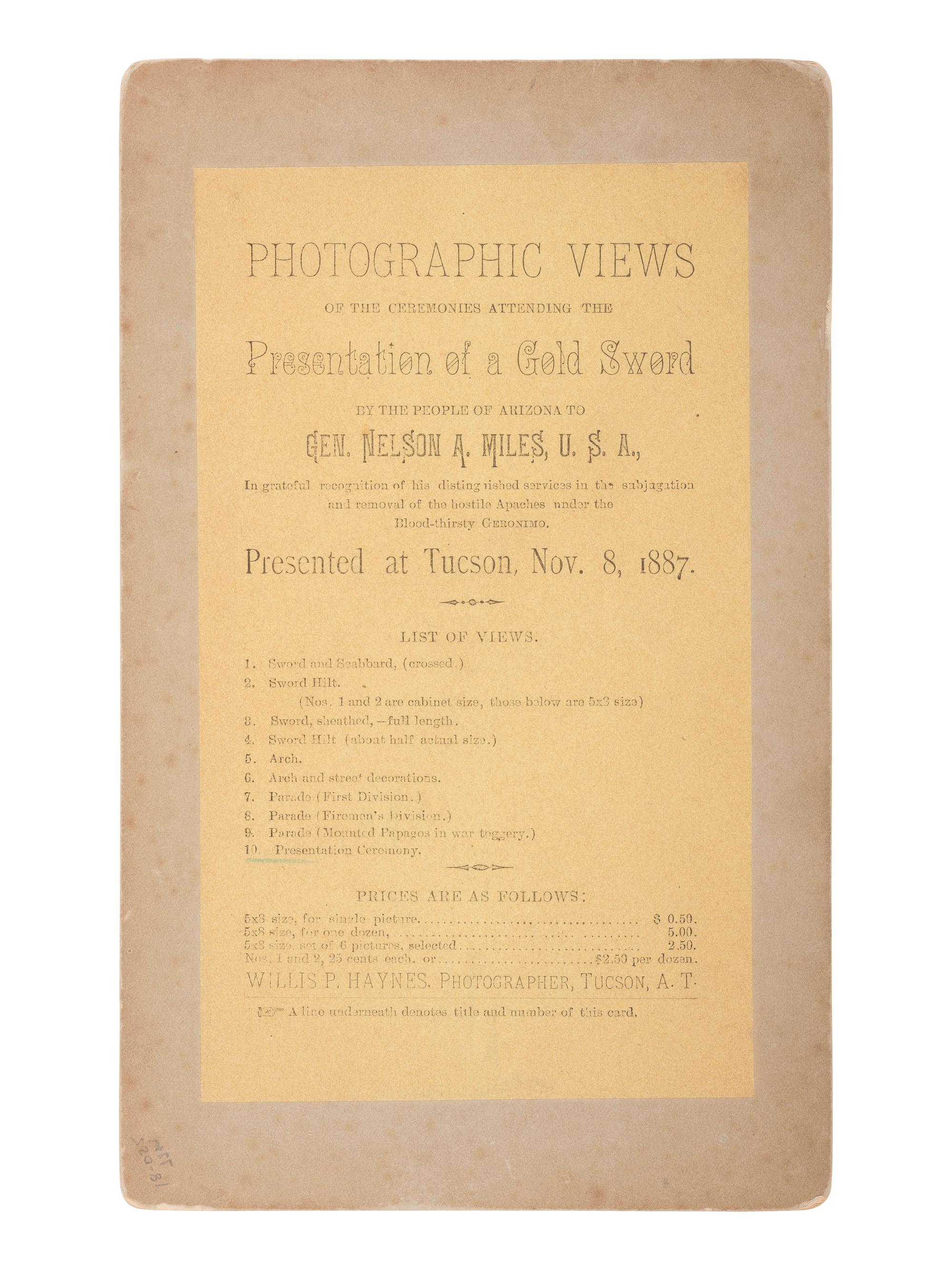 [INDIAN WARS] Photograph of sword presentation to Gen. Miles for his efforts in capturing Geronimo.