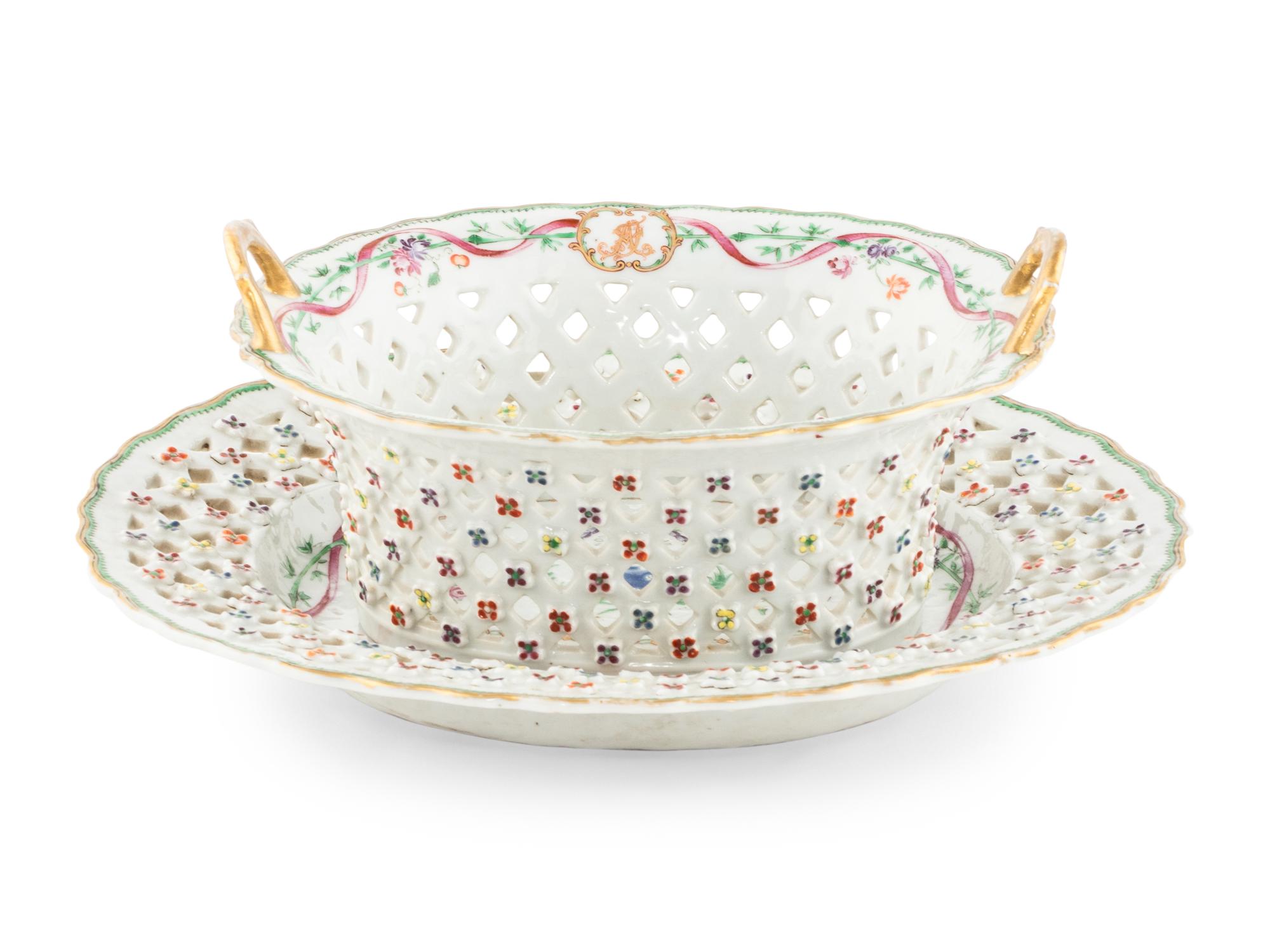 A Chinese Export Armorial Porcelain Reticulated Basket and Underplate