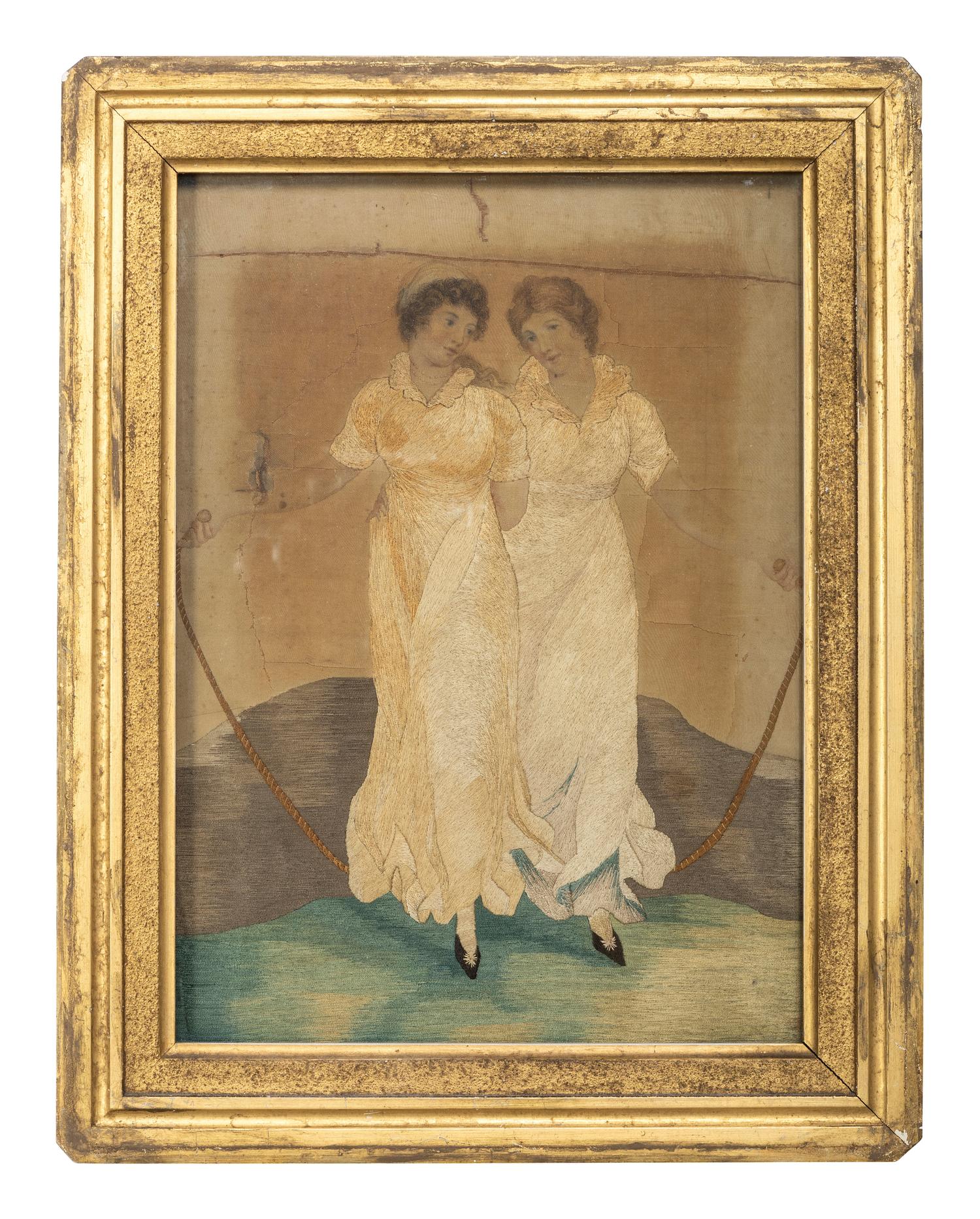 A Pair of Figural Goldwork Embroidered Pictures of Girls with a Jump Rope