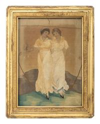 A Pair of Figural Goldwork Embroidered Pictures of Girls with a Jump Rope