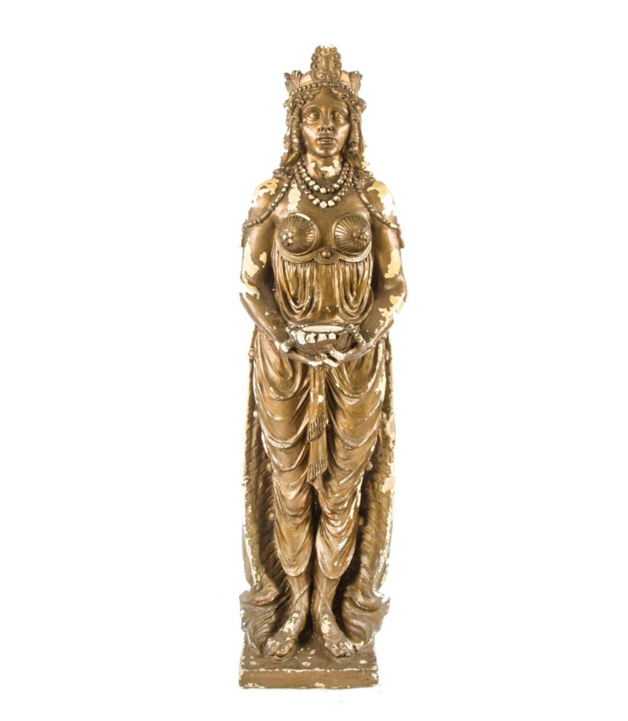 A Full-Sized Cast Plaster Costumed Female Statue with Original Metallic Gold Finish from the Interior of the Historic Granada Theater Auditorium in Chicago, Illinois