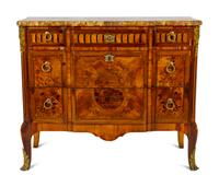 A Louis XV/XVI Transitional Style Marquetry Marble-Top Commode