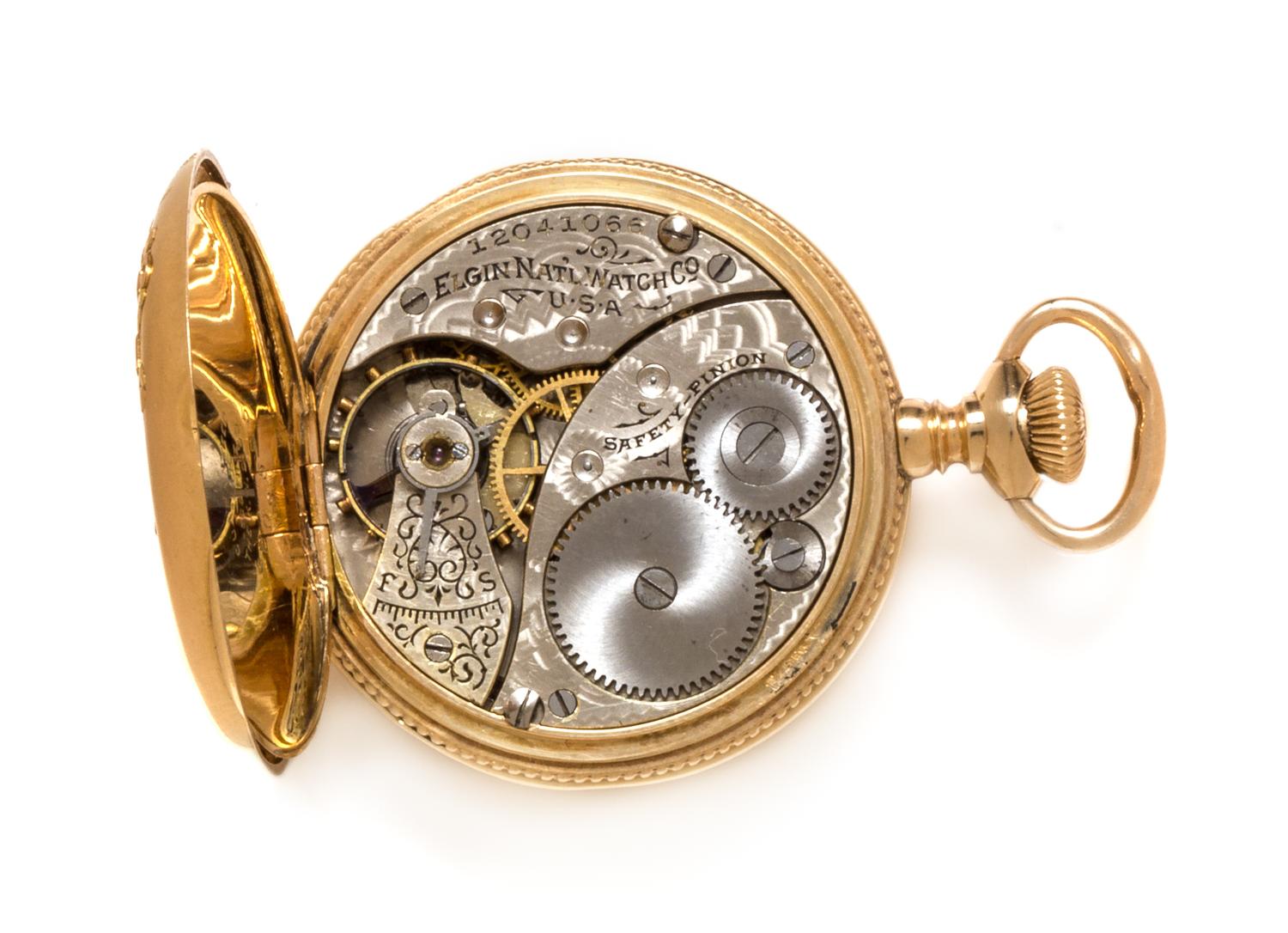 A 14 Karat Tricolor Gold and Diamond Hunter Case Pocket Watch, Elgin, Circa 1906, 22.20 dwts.