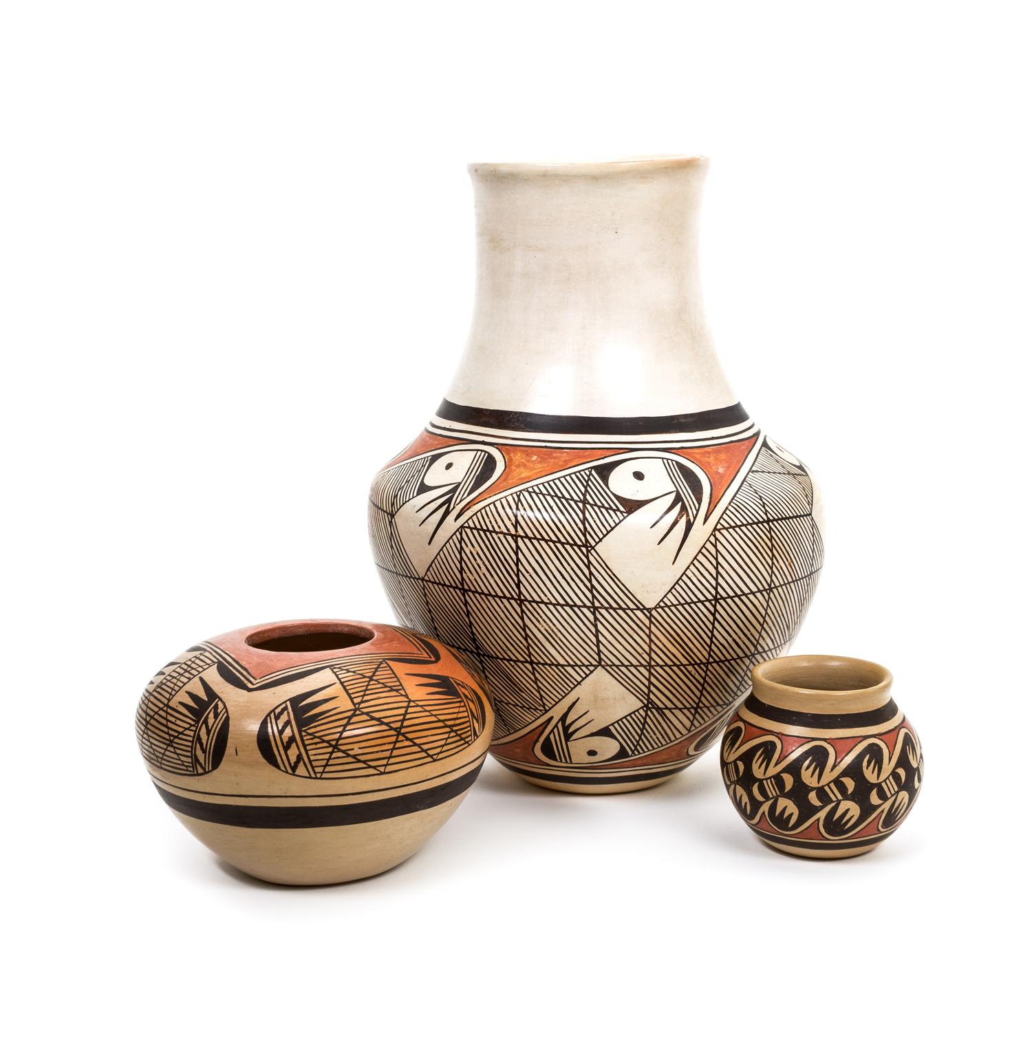 Fannie Nampeyo (1900-1987) and Helen Naha (1922-1993) Three Hopi Jars Largest height 11 x diameter 8 inches.