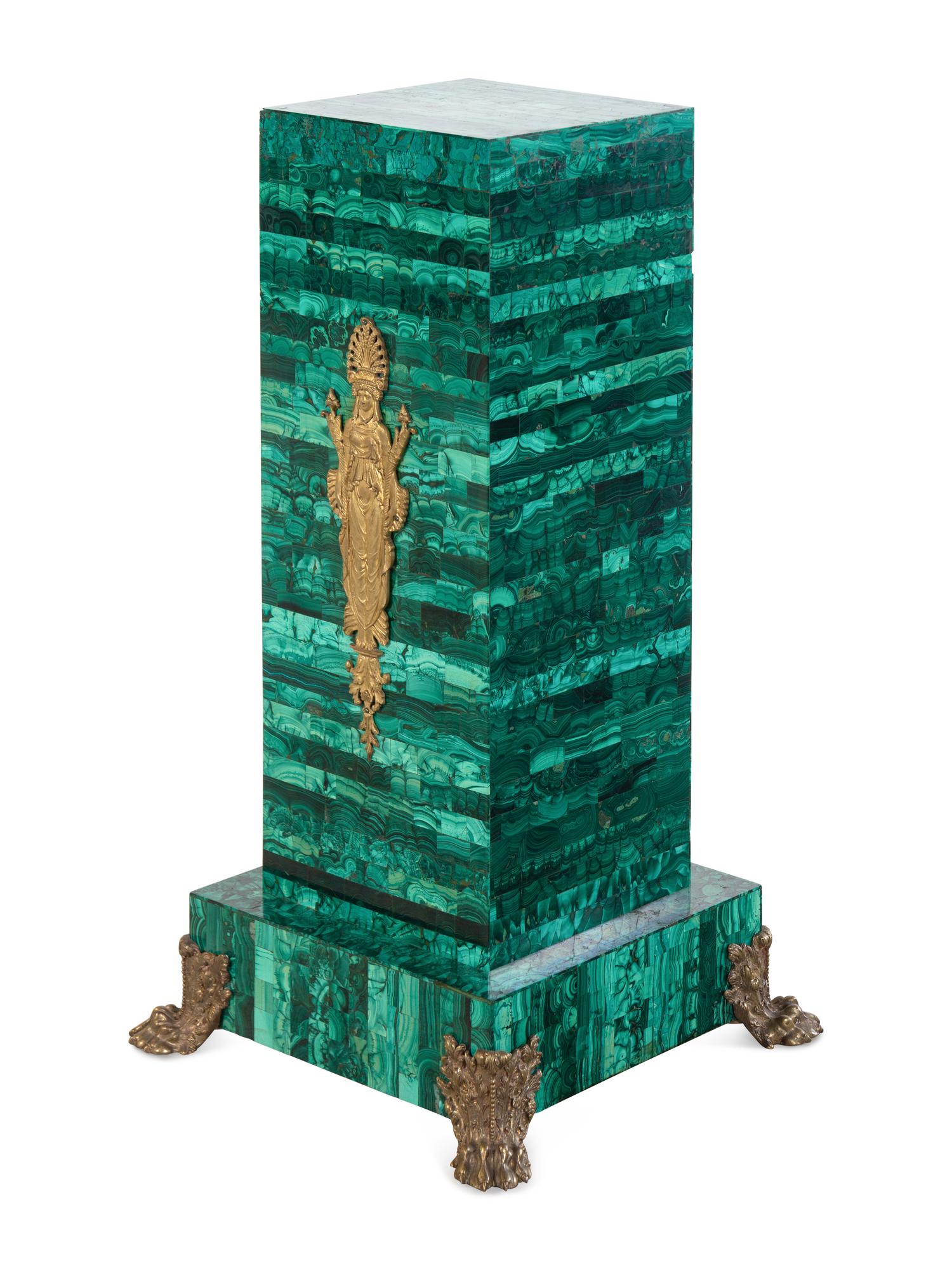 A Pair of Empire Style Gilt Bronze Mounted Malachite Veneered Pedestals