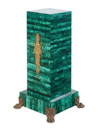 A Pair of Empire Style Gilt Bronze Mounted Malachite Veneered Pedestals