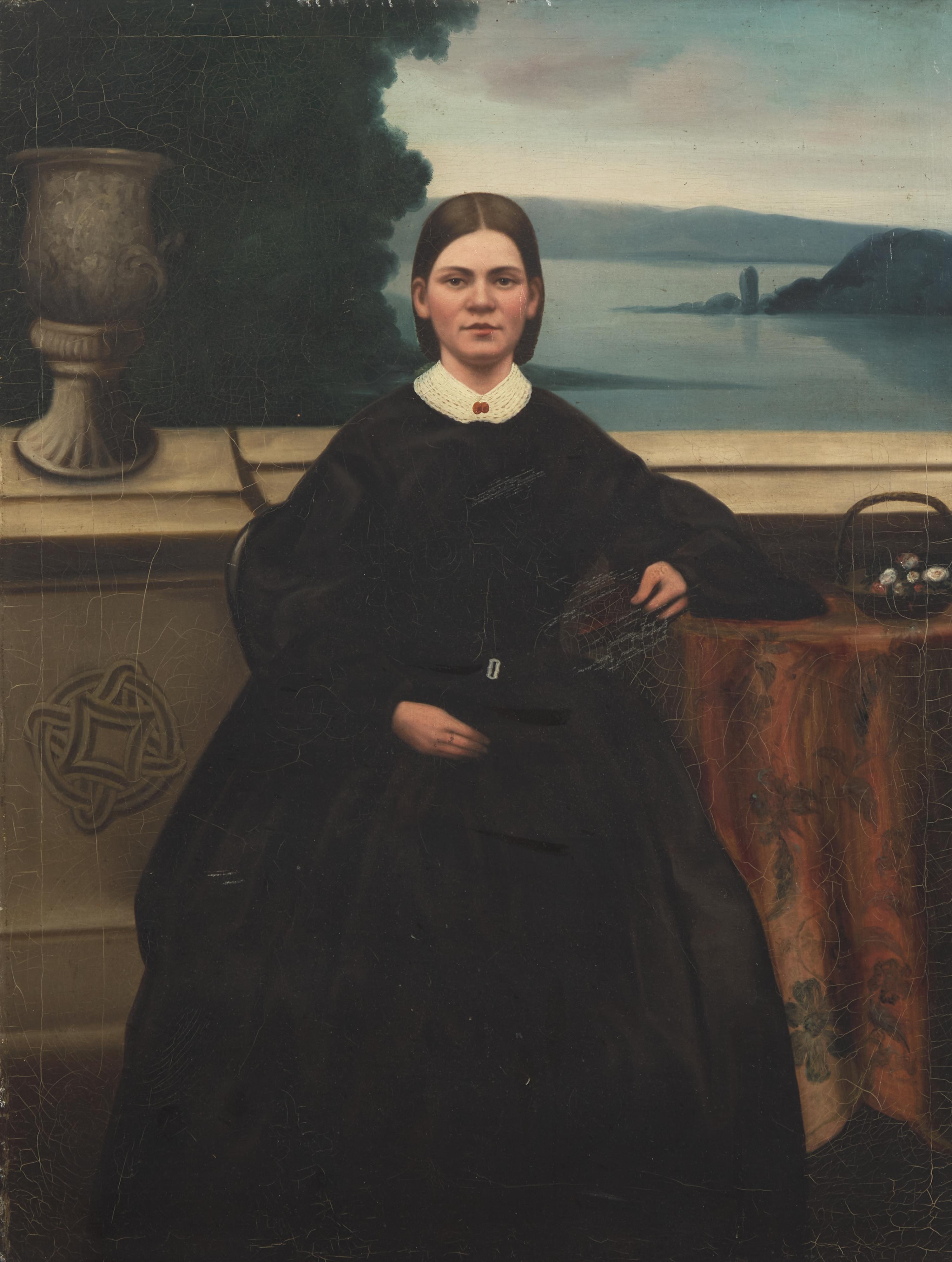 Chinese Export School 19th Century, A China Trade Portrait of a Young Lady Seated on Balcony