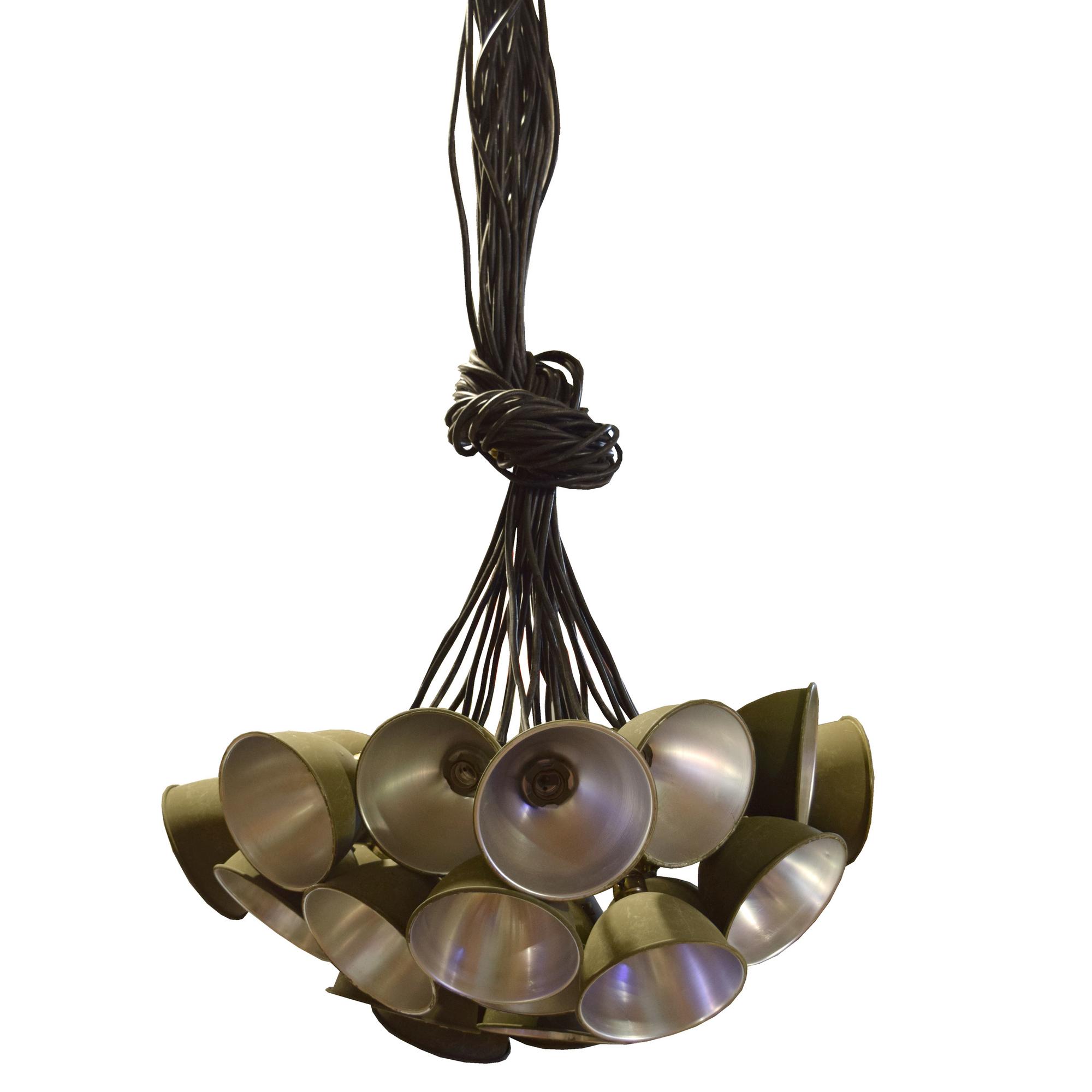 A Multi-Light Chandelier with American Army Issued Shades 31" W x 31" D x 68" H — United States, Circa 1940