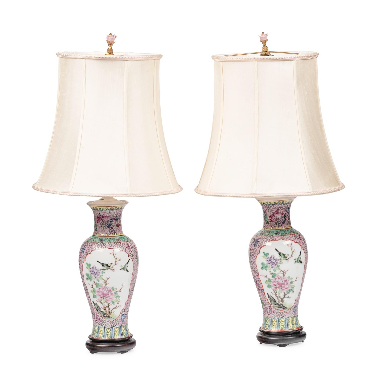 A Pair of Chinese Export Porcelain Meiping Vases Mounted as Lamps