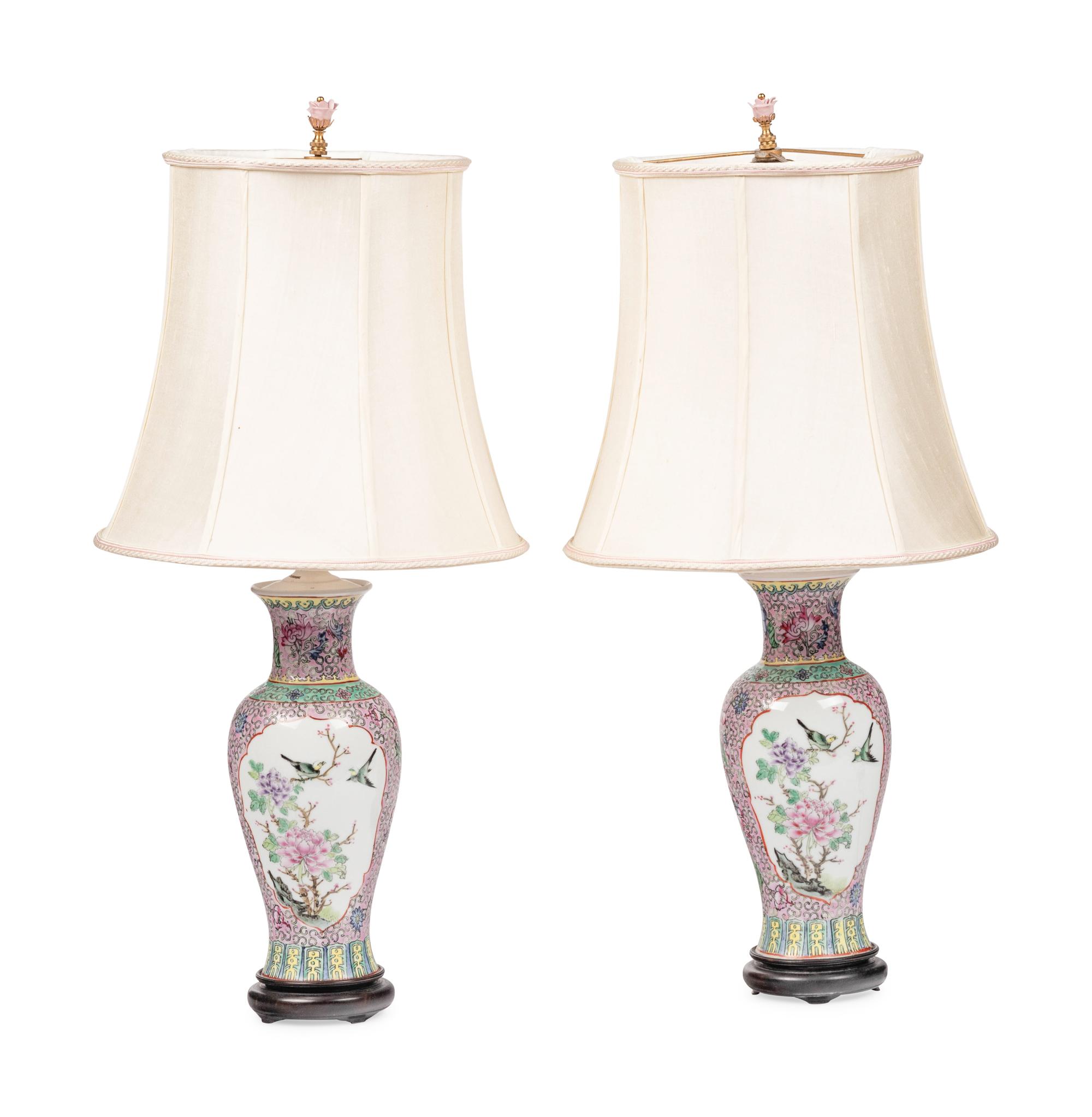 A Pair of Chinese Export Porcelain Meiping Vases Mounted as Lamps