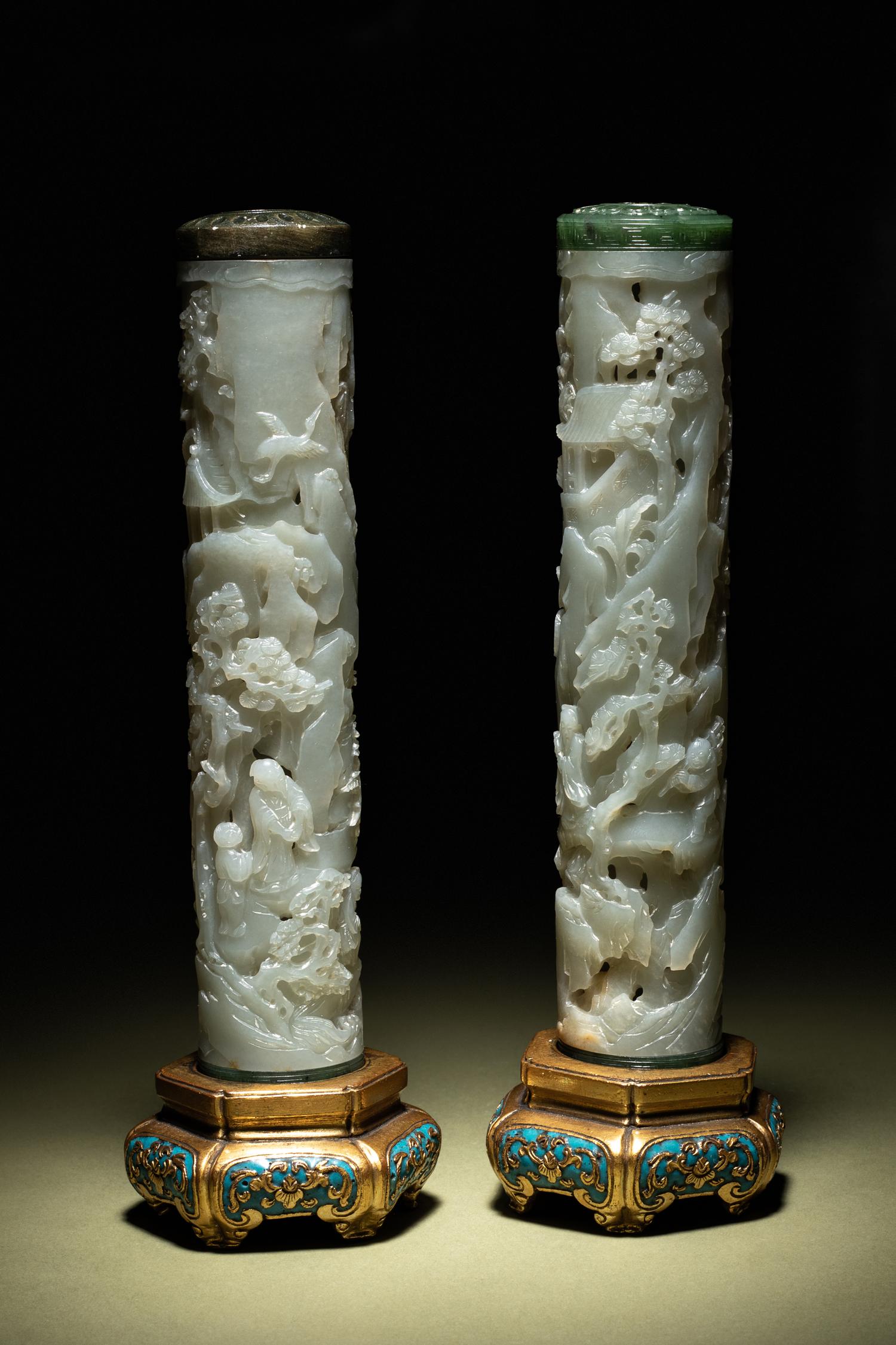 A Pair of Carved Celadon Jade Cylindrical Parfumiers