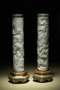 A Pair of Carved Celadon Jade Cylindrical Parfumiers