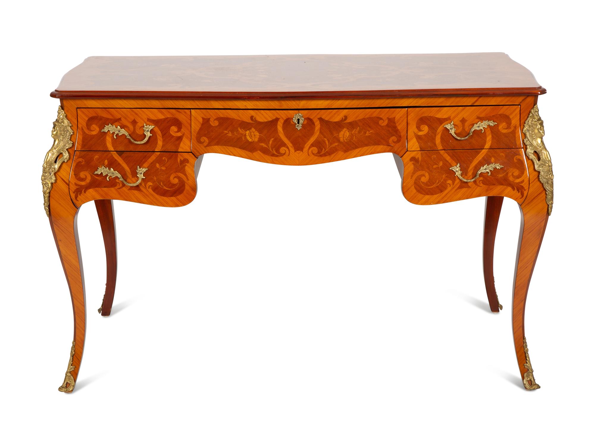 A Louis XV Style Gilt-Bronze Mounted Marquetry Bureau Plat