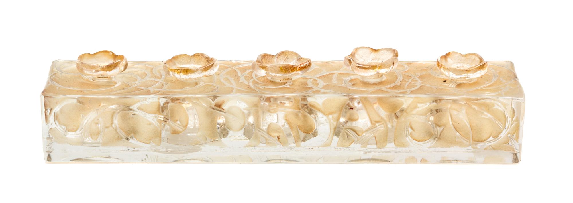 A Les Fleures D'Orsay Molded and Frosted Glass Perfume Sampler Height 1 1/2 x width 9 x depth 2 inches. — 20TH CENTURY