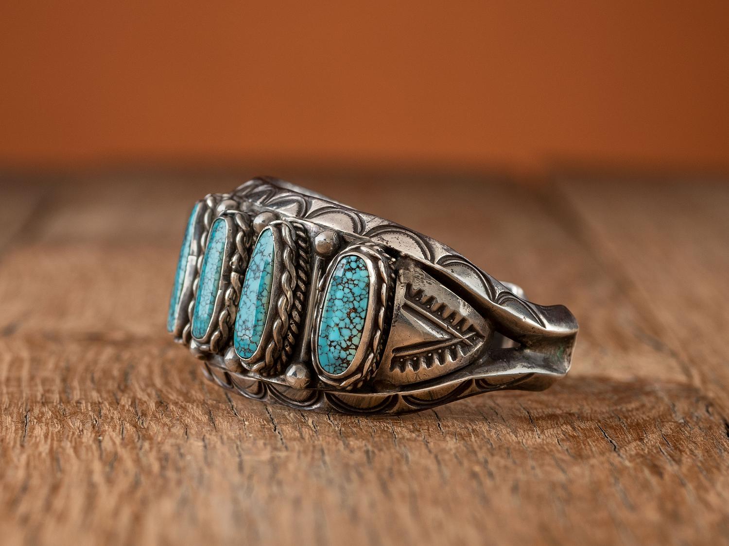 Navajo Stamped Silver and #8 Turquoise Cuff Bracelet