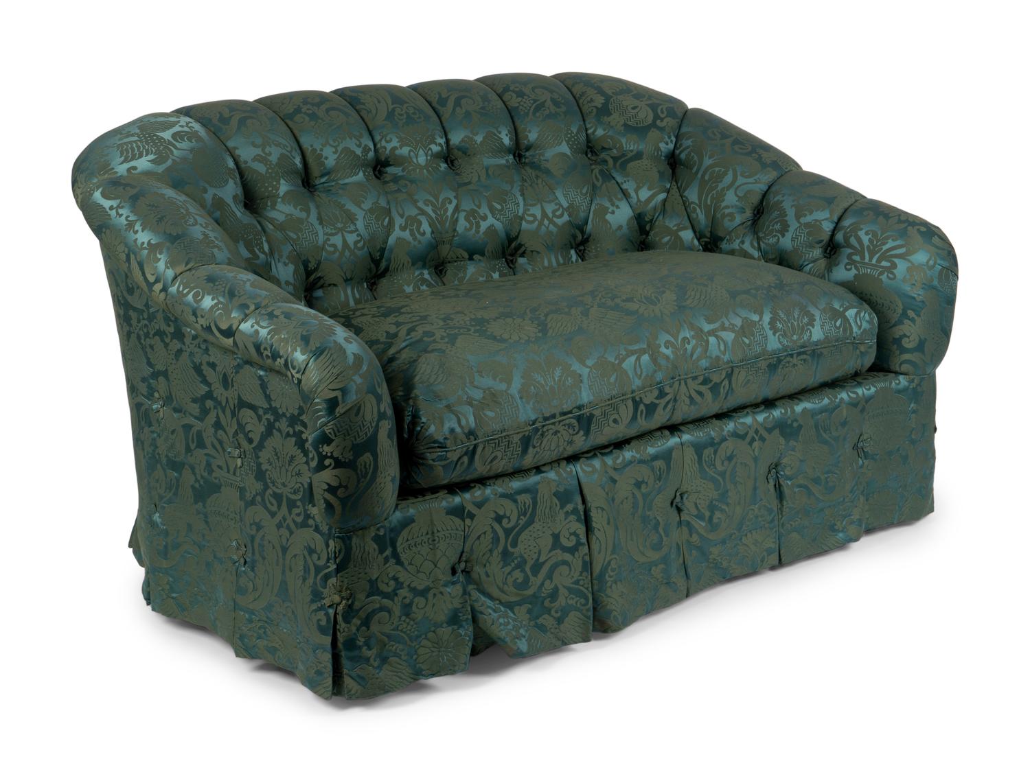 A Green Damask Button Tufted Love Seat — 20TH CENTURY