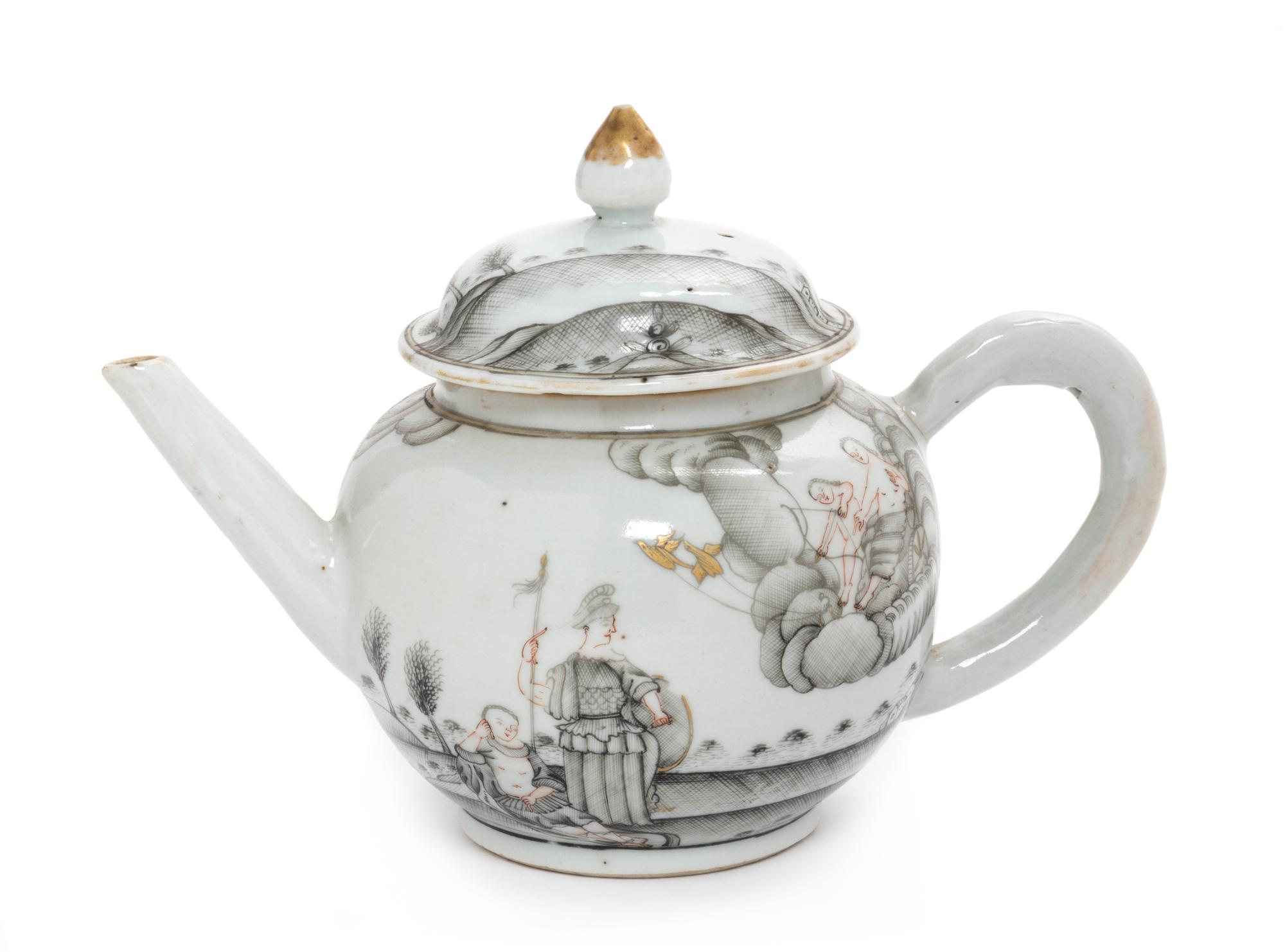 A Chinese Export Gilt Decorated Grisaille Porcelain Teapot Length 7 1/2 inches. — LATE 18TH/19TH CENTURY