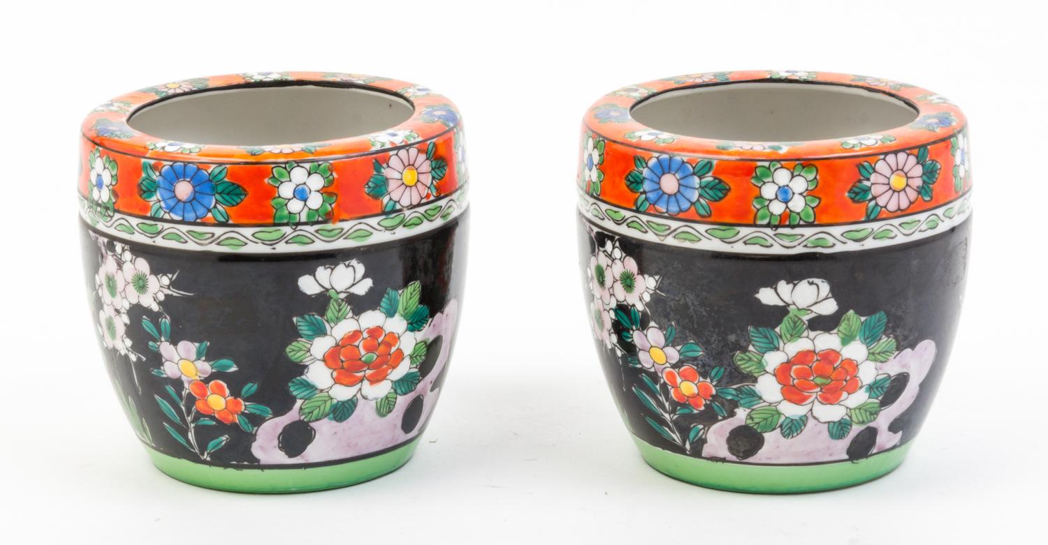 A Pair of Japanese Porcelain Cache Pots Height 4 1/4 inches.