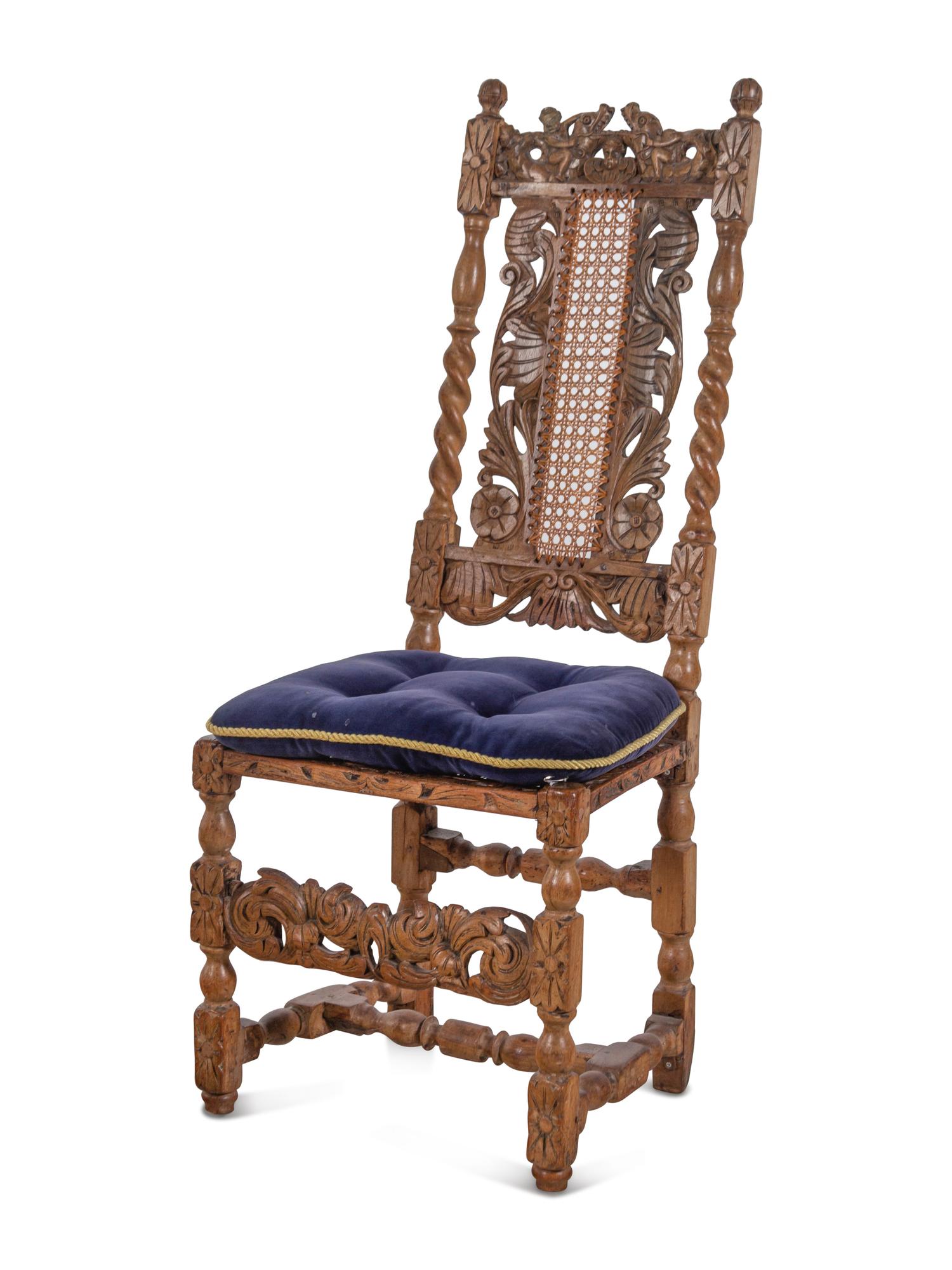 An Assembled Set of Eight English Baroque Walnut Cane-Upholstered Dining Chairs
