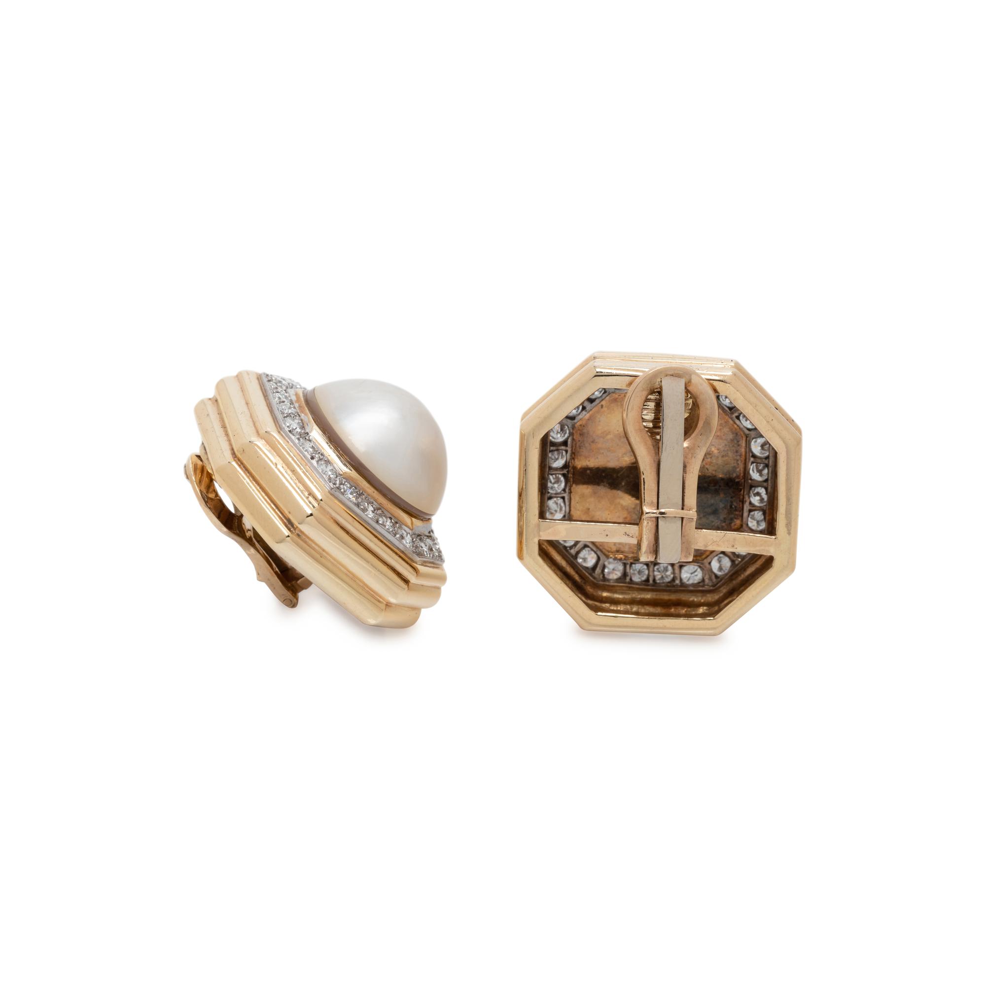 CULTURED MABE PEARL AND DIAMOND EARCLIPS