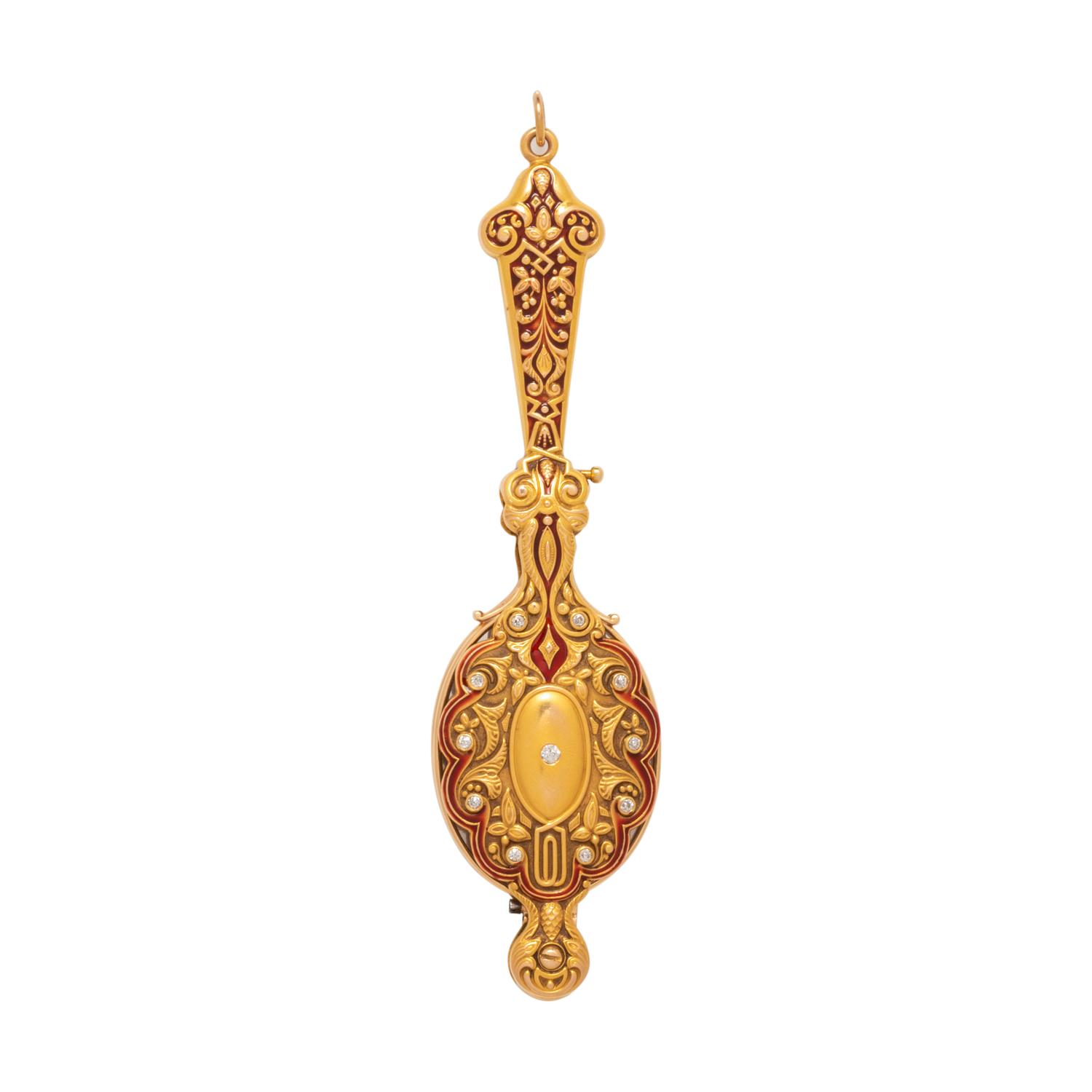 ANTIQUE, YELLOW GOLD, RED ENAMEL AND DIAMOND LORGNETTE
