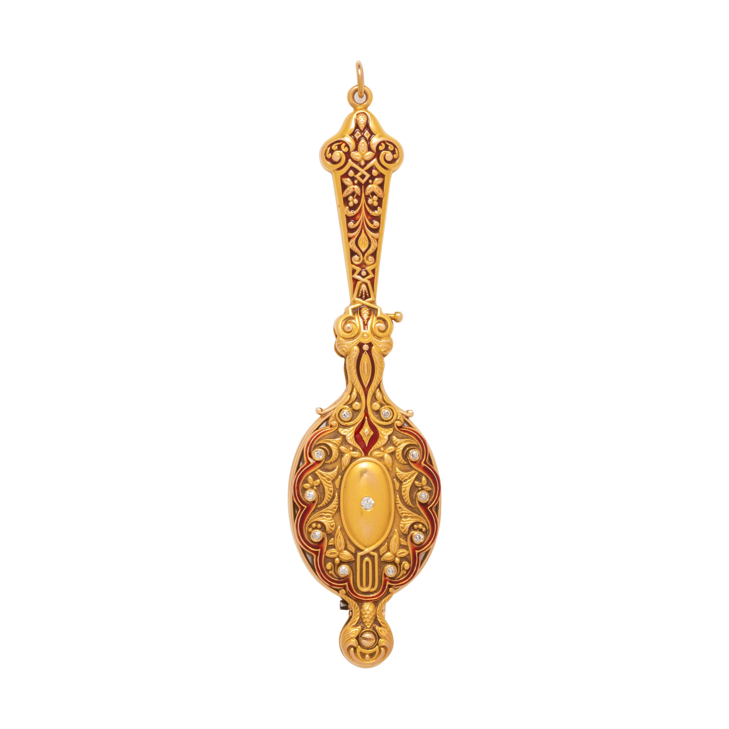 ANTIQUE, YELLOW GOLD, RED ENAMEL AND DIAMOND LORGNETTE