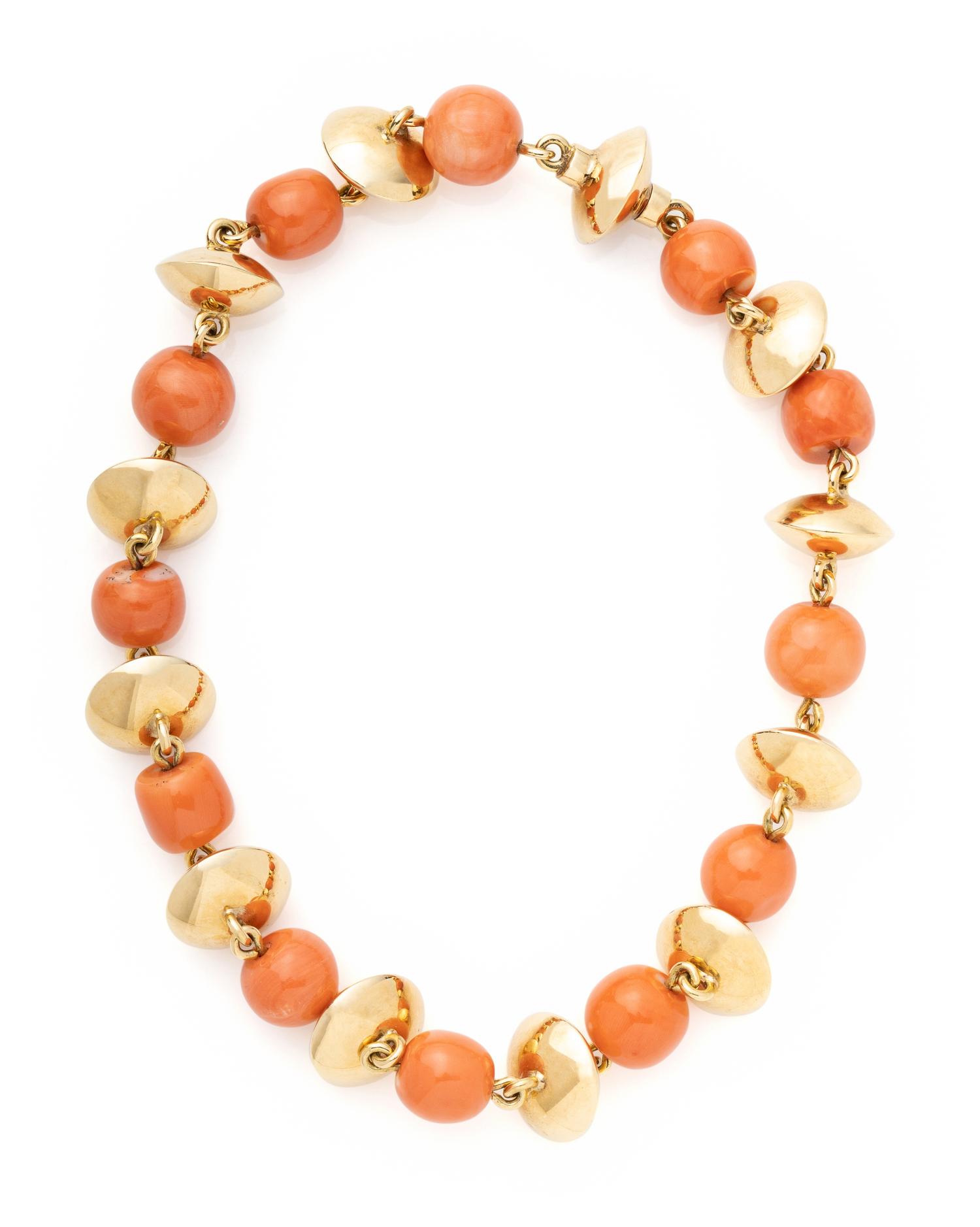 YELLOW GOLD AND CORAL BEAD NECKLACE