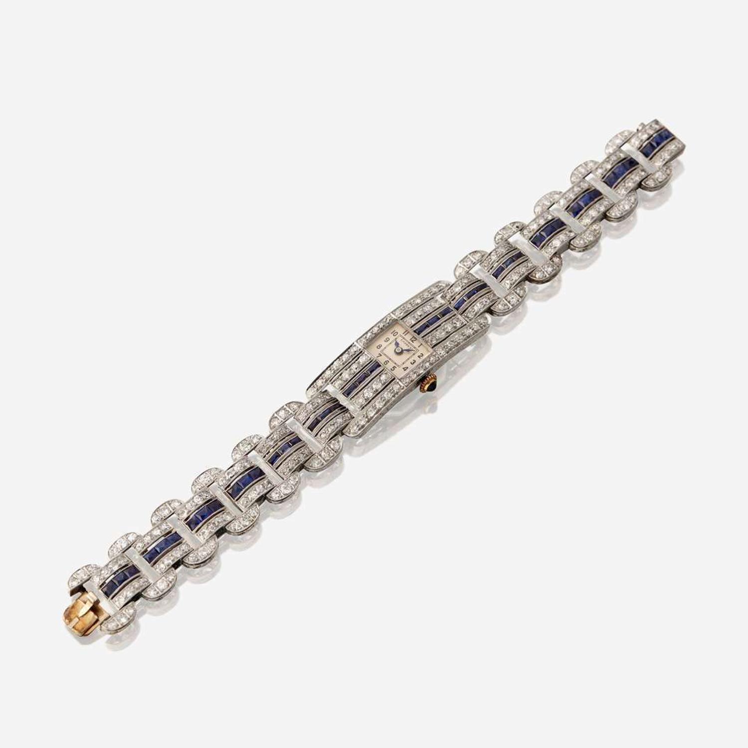 An Art Deco platinum, diamond, and synthetic sapphire bracelet watch, Mauboussin France
