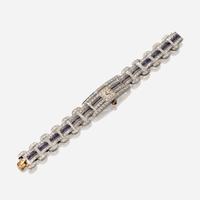 An Art Deco platinum, diamond, and synthetic sapphire bracelet watch, Mauboussin France