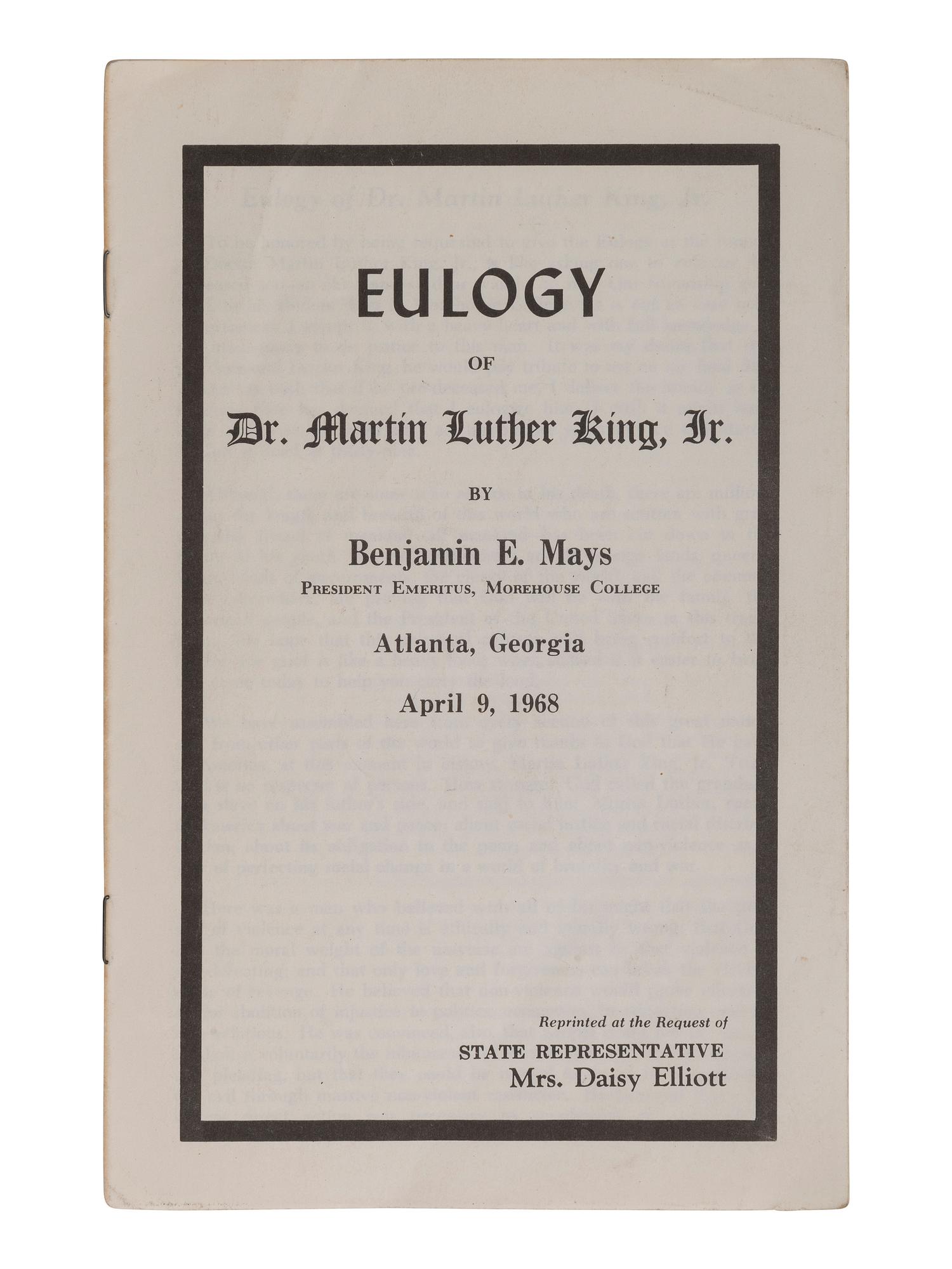[KING, Martin Luther, Jr.] Eulogy pamphlet printed by Rep. Daisy Elliott. Atlanta, GA. 1968.
