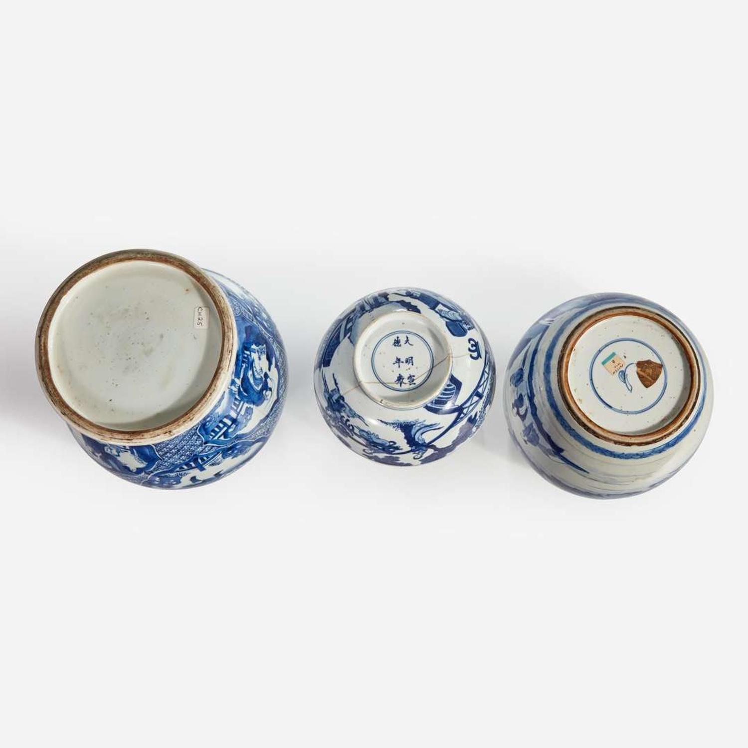 Two Chinese blue and white porcelain jars and one bowl Kangxi period and later