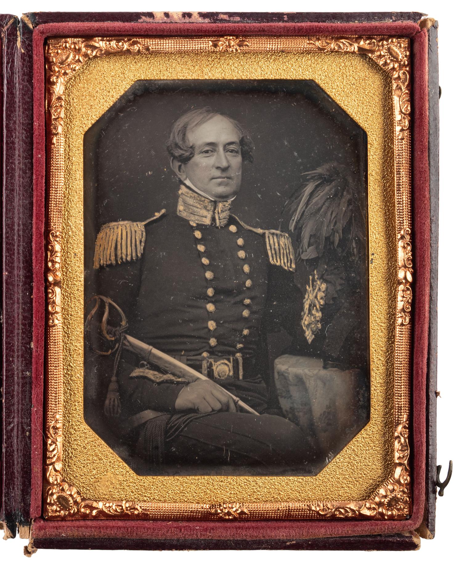 [EARLY PHOTOGRAPHY] -- [MILITARIA]. Quarter plate daguerreotype of armed English officer.