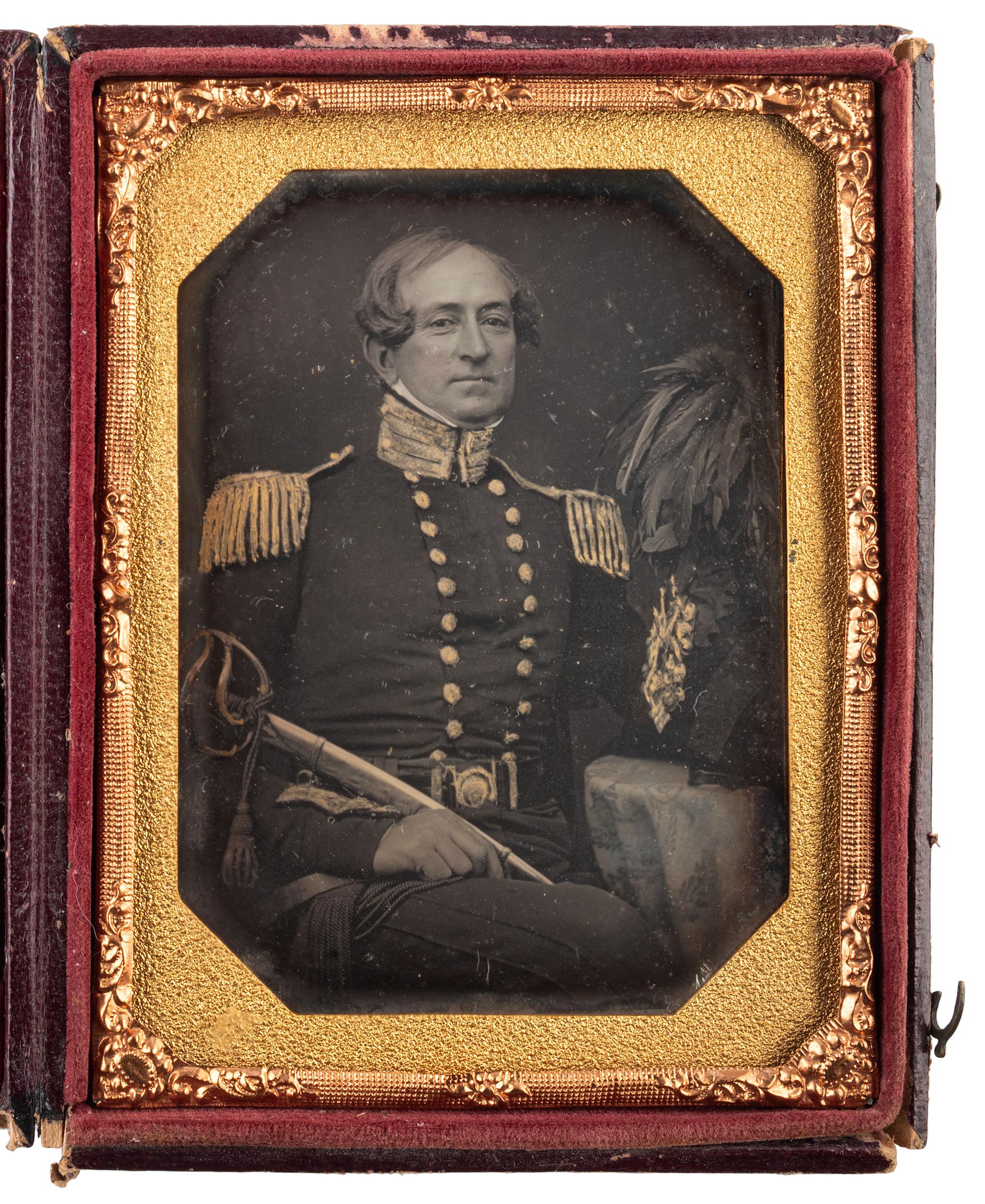 [EARLY PHOTOGRAPHY] -- [MILITARIA]. Quarter plate daguerreotype of armed English officer.