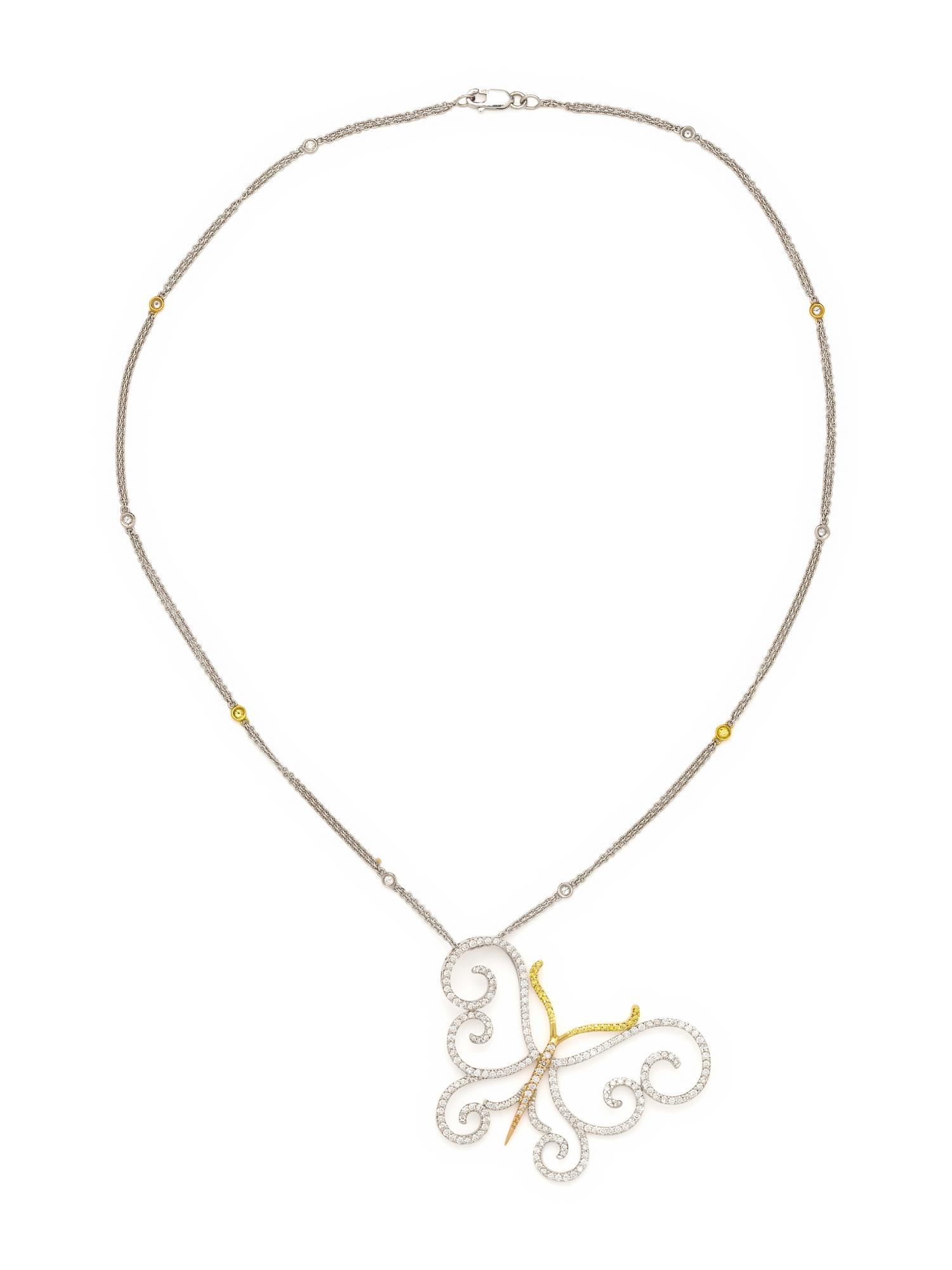 TRICOLOR GOLD, DIAMOND AND YELLOW DIAMOND BUTTERFLY PENDANT/NECKLACE