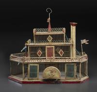 A Painted Sheet Metal and Wire Steamboat Form Birdcage
