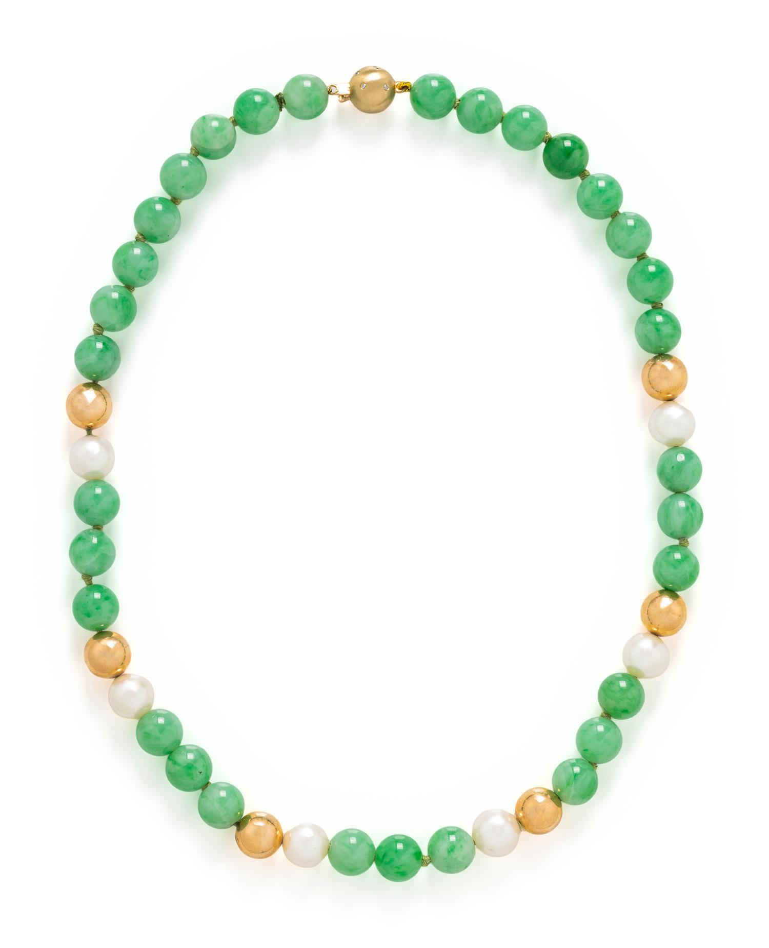 JADE, CULTURED PEARL AND DIAMOND NECKLACE