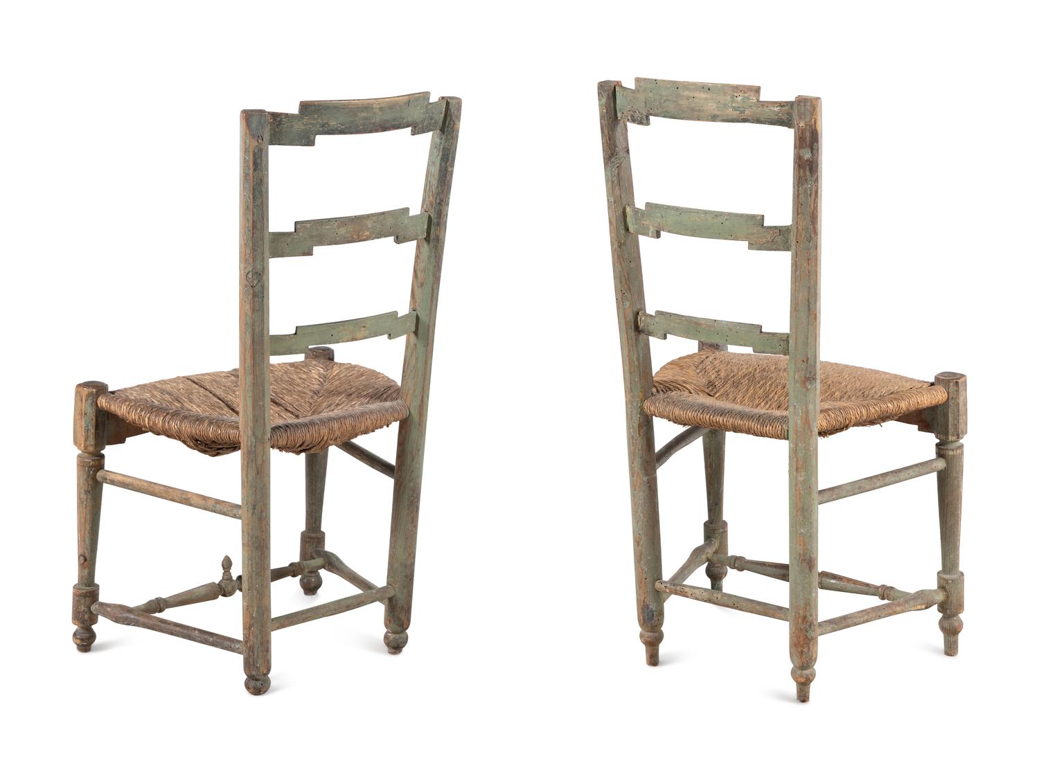A Pair of French Carved and Painted Rush Seat Side Chairs